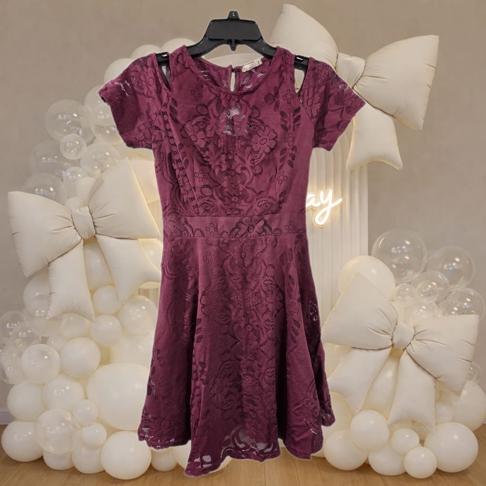 Allara Mini Dress Burgandy Lace Cutout Cold Shoulder Sleeve/Back - Juniors Small