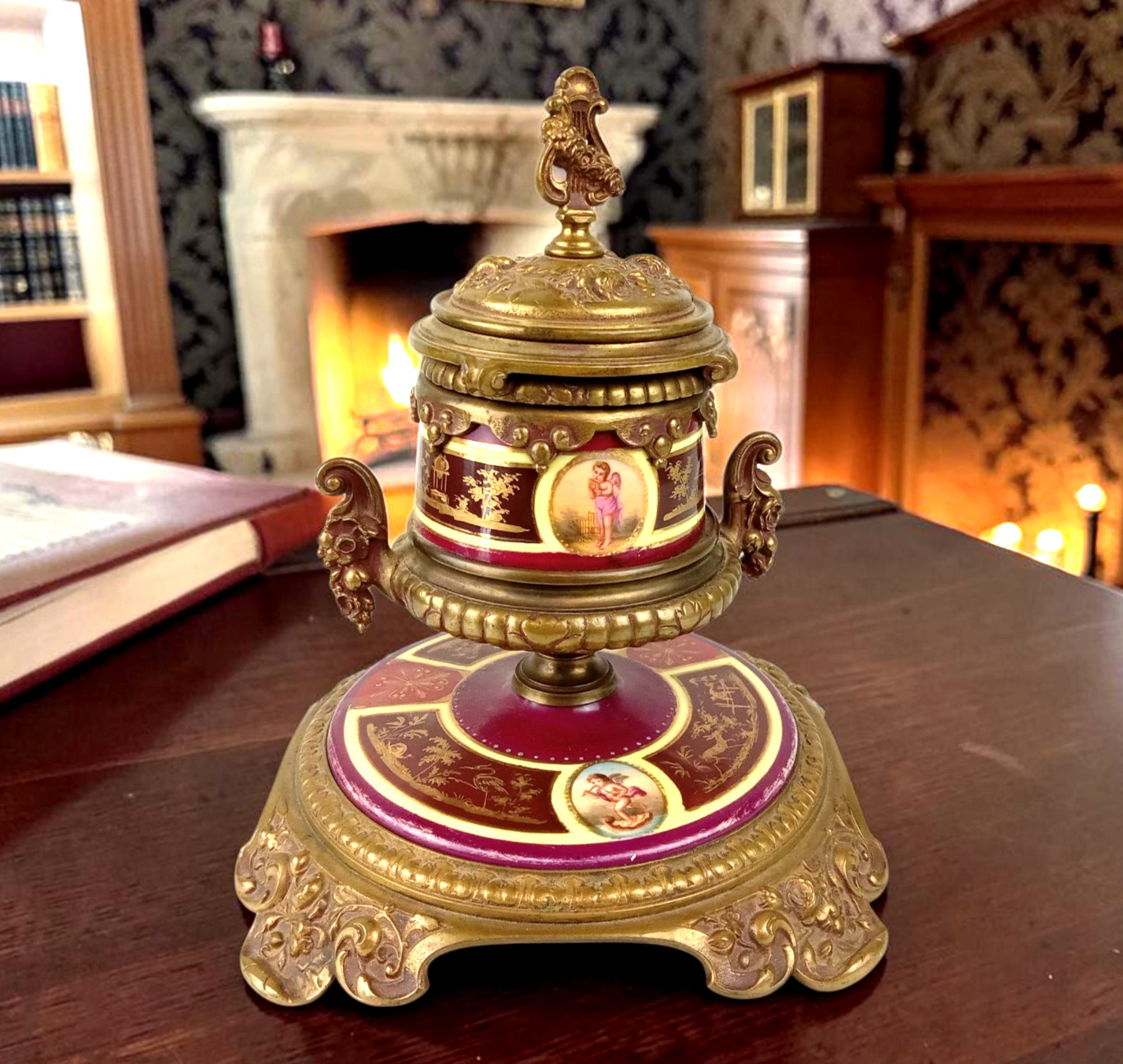 Antique 19thC French Ormolu Gilt Bronze Porcelain Inkwell Neoclassical Putti Antique 19thC French Ormolu Gilt Bronze Porcelain Inkwell Neoclassical Putti
