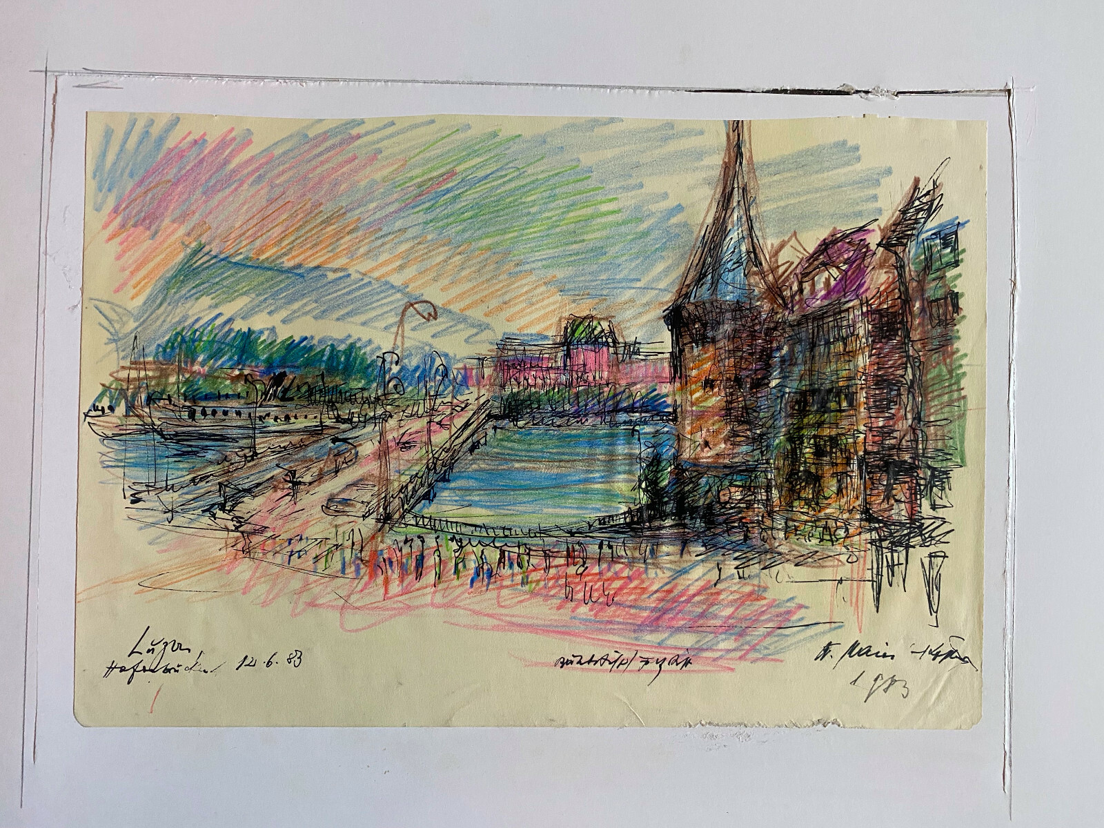 ::DRAWING SIGNED WALTER MAIER-KÖßLER 1983 PORT OLD TOWN BRIDGE IN LUCERNE 