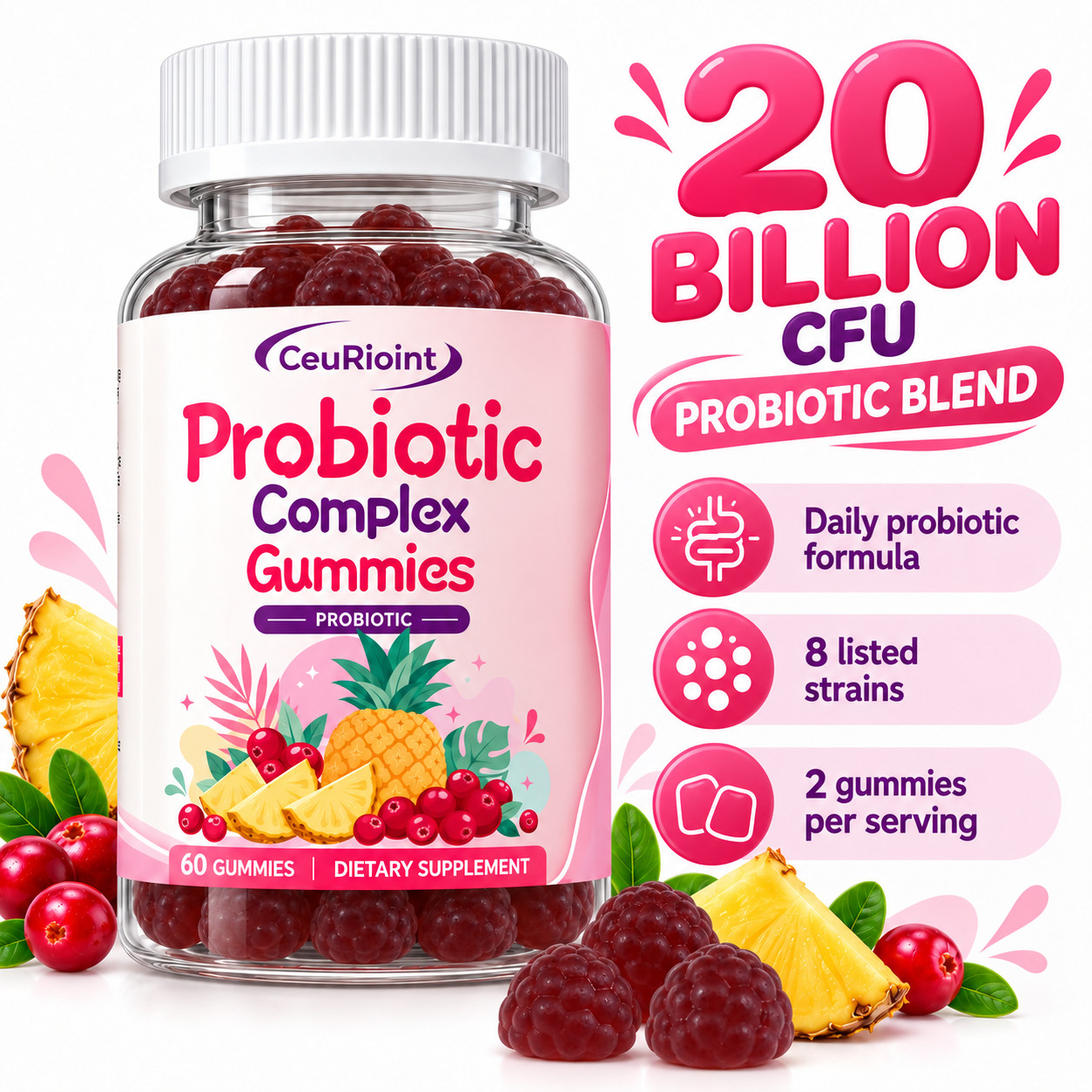 Probiotic Gummies for Women & Men, 20 Billion CFU 8-Strain Probiotic Supplement