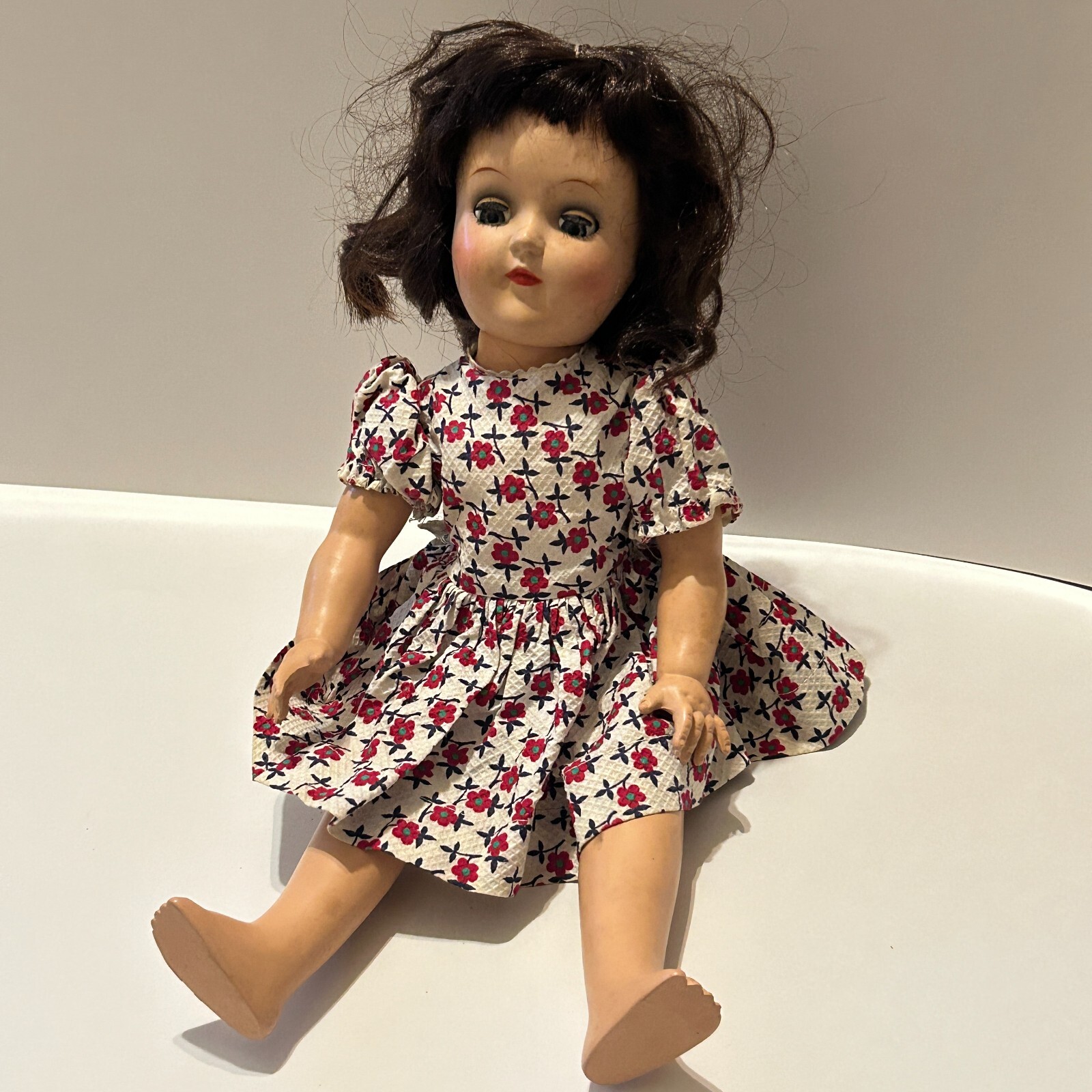 Vtg 1950’s Ideal Toni Doll 15” P 91 With Floral Dress Brunette Blue Eyes Vtg 1950’s Ideal Toni Doll 15” P 91 With Floral Dress Brunette Blue Eyes