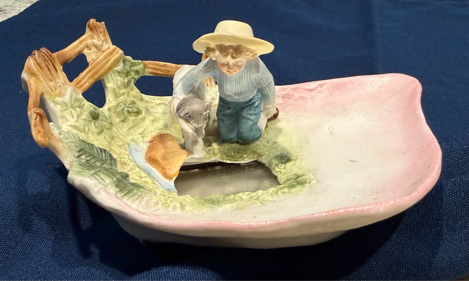 Antique Ernst Bohne Sohne Bisque Porcelain Figural Vanity Dish Mirror Boy Cat Antique Ernst Bohne Sohne Bisque Porcelain Figural Vanity Dish Mirror Boy Cat