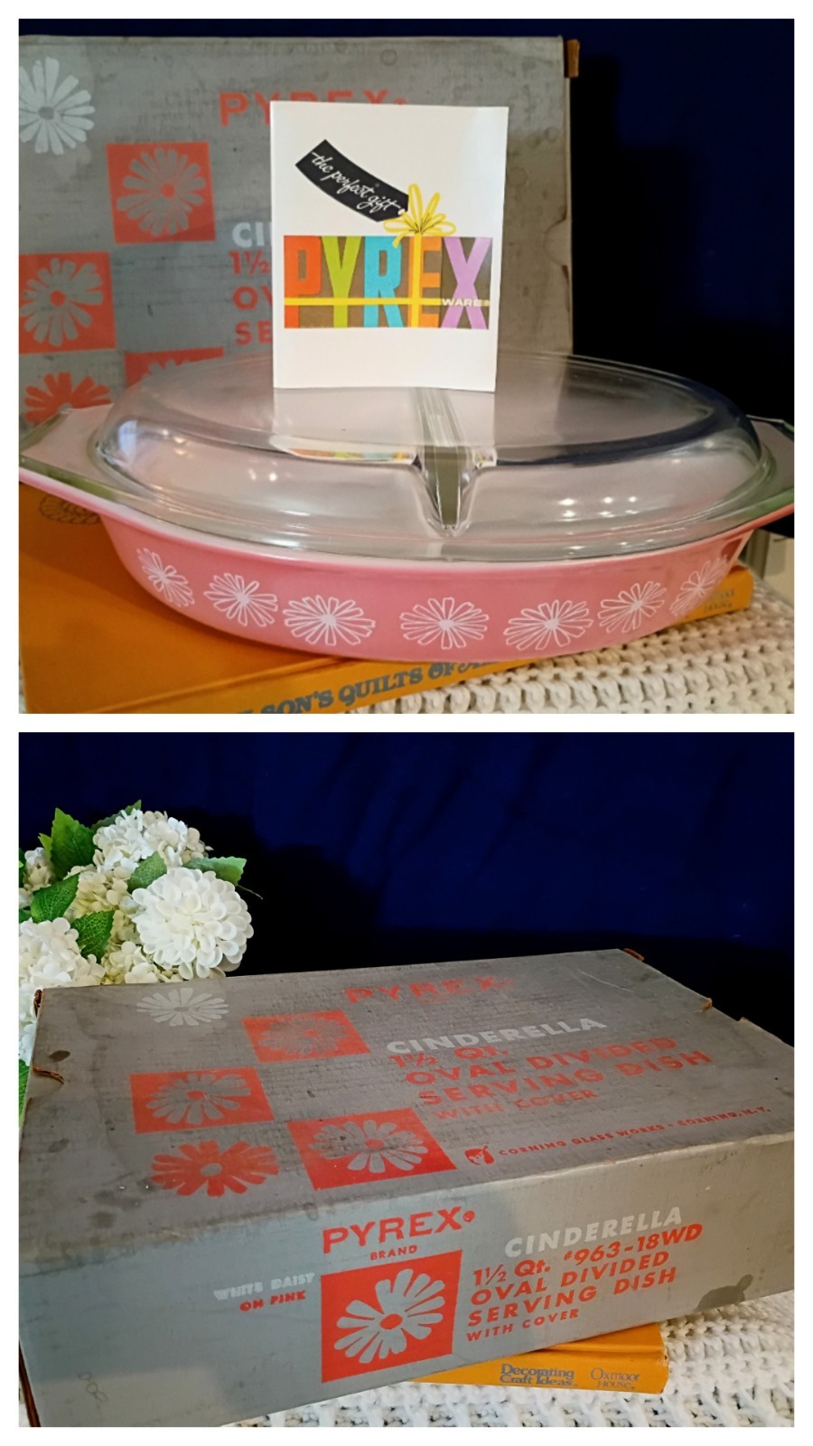 NOS Vintage Pyrex Cinderella Pink Daisy Divided Serving Dish & Lid Original Box NOS Vintage Pyrex Cinderella Pink Daisy Divided Serving Dish & Lid Original Box