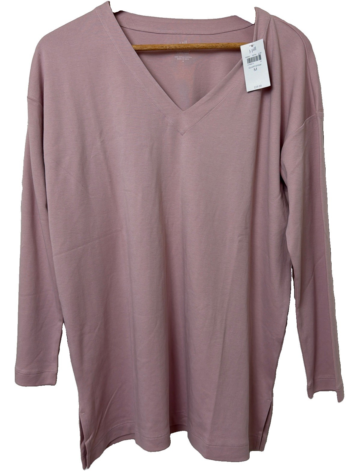 J Jill Simply Supima V Neck Tunic Long Sleeve Top M Quartz Pink 100% Cotton NWT