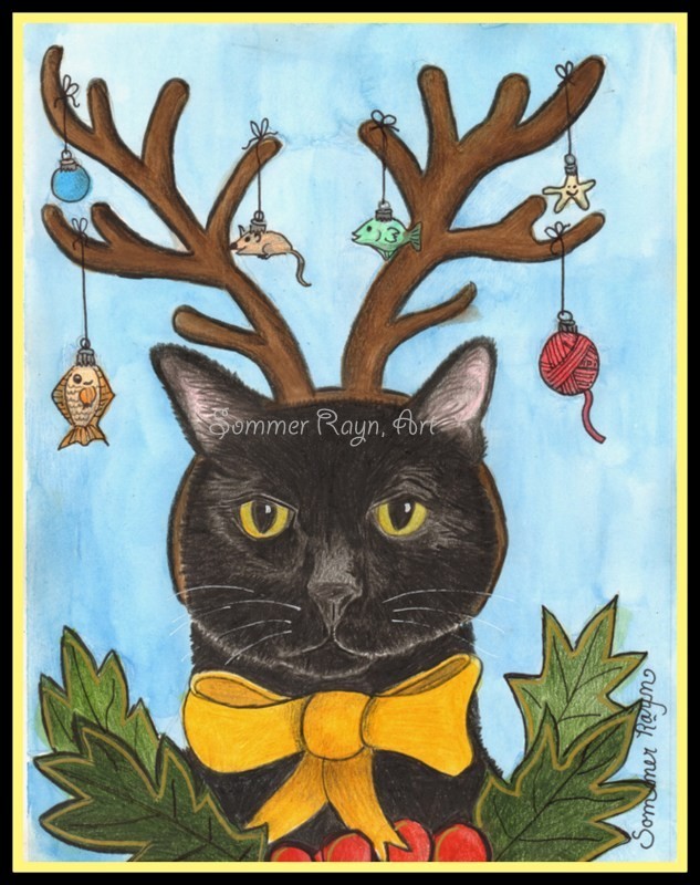 Quirky Island, Black cat, ornaments, reindeer, sweet expression, Christmas, #784