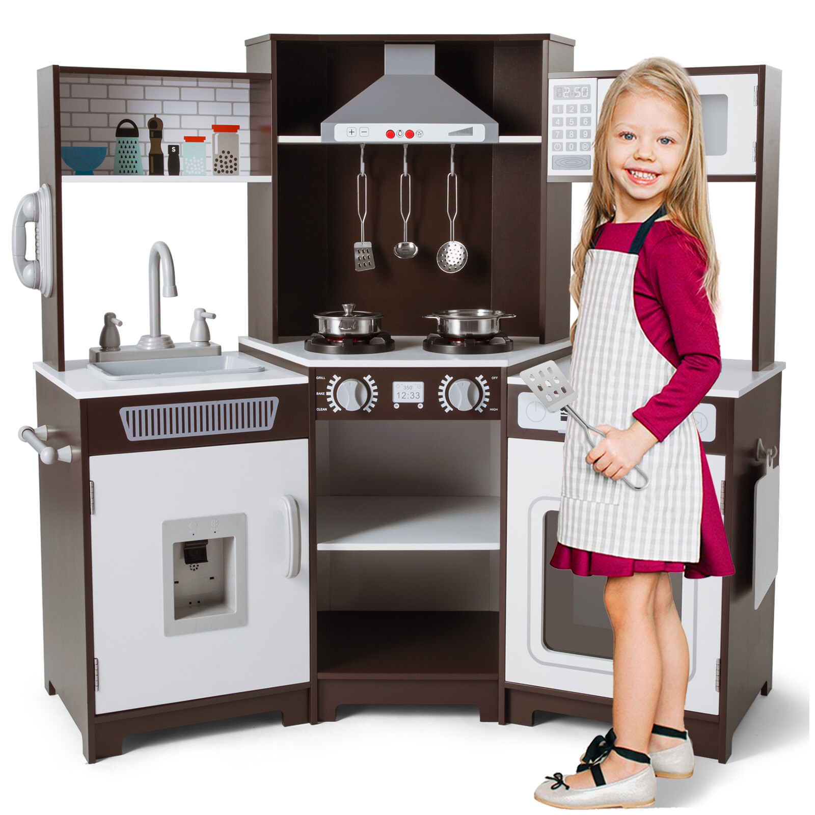 JOYLDIAS Large Kids Pretend Play Kitchen Set Wooden Cooking Toys w/Lights,Sounds