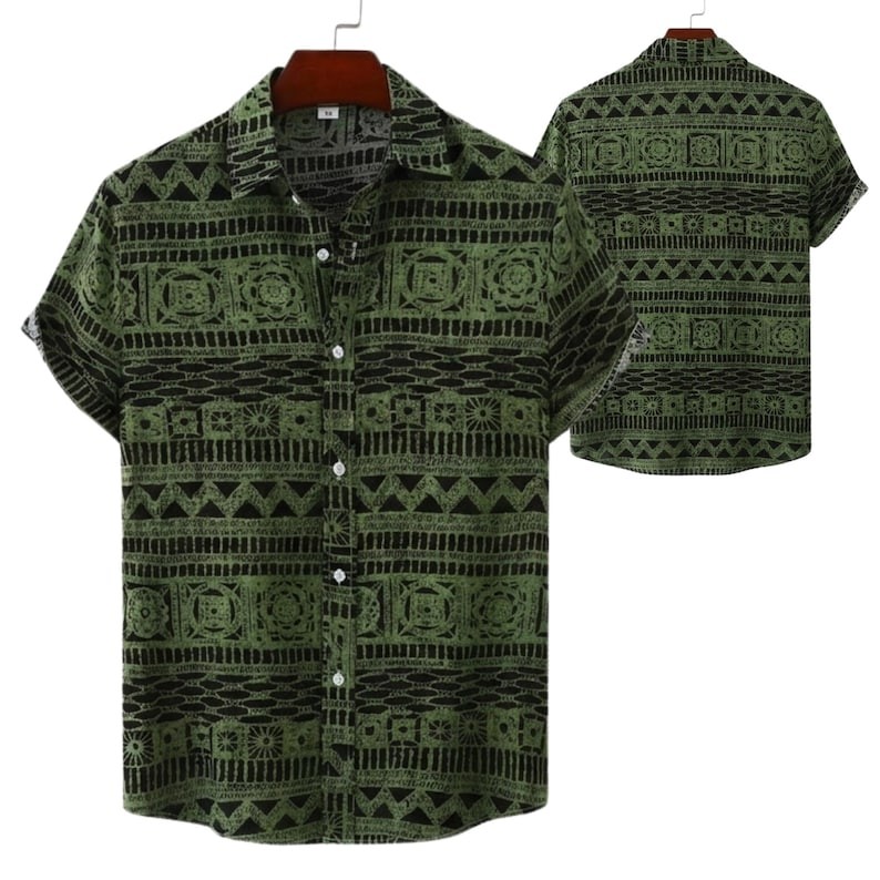 Tribal Aztec Geometric Hawaiian Shirt Men Casual Short Sleeve Button Up Aloha
