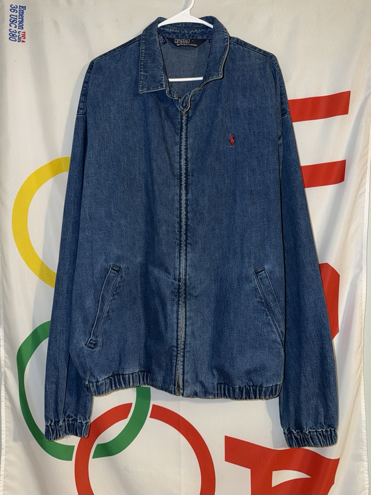 Vintage Polo Ralph Lauren Jacket Mens XL Blue Denim Bomber Harrington