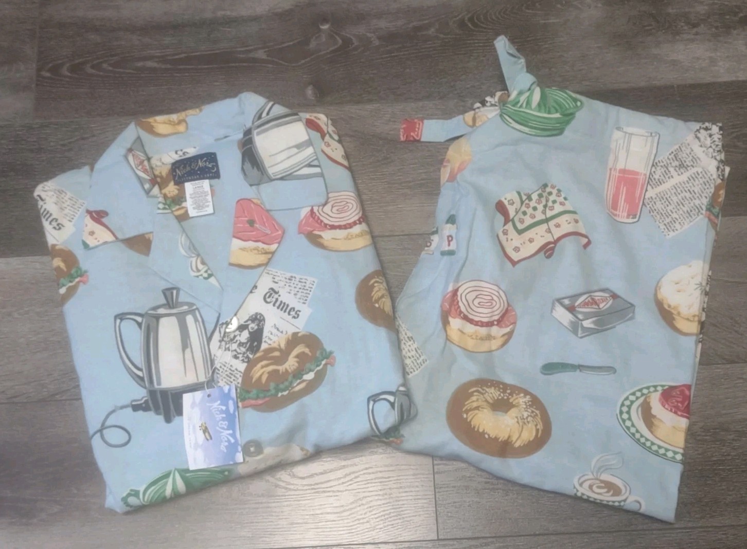 Vtg Nick & Nora Pajama Set Bagels & Lox Shady Character ASO Debra Barone Lg Read