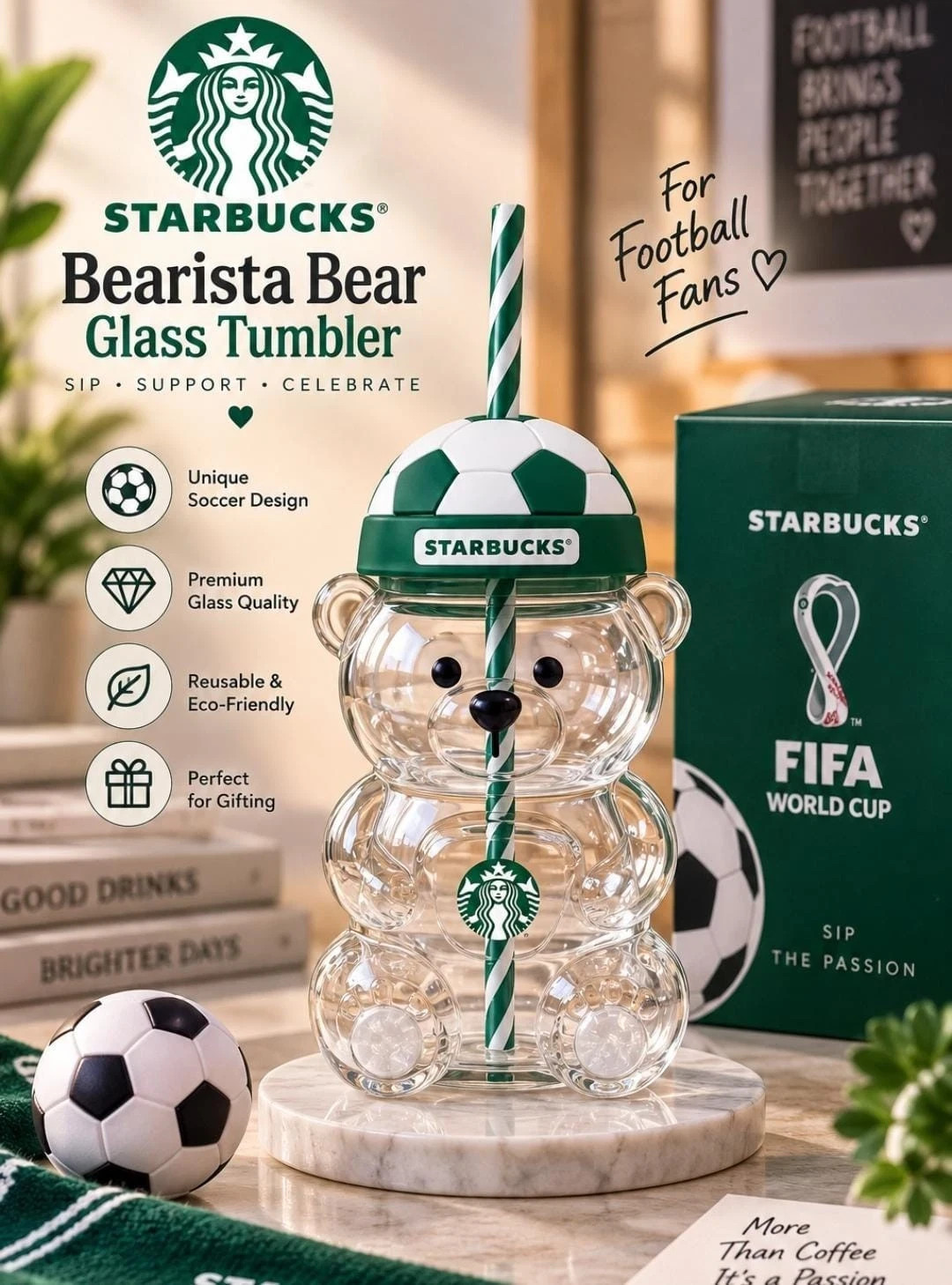 Starbucks 2026 FIFA World Cup Bearista Authentic Bear Glass Tumbler 20oz with So Starbucks 2026 FIFA World Cup Bearista Authentic Bear Glass Tumbler 20oz with So