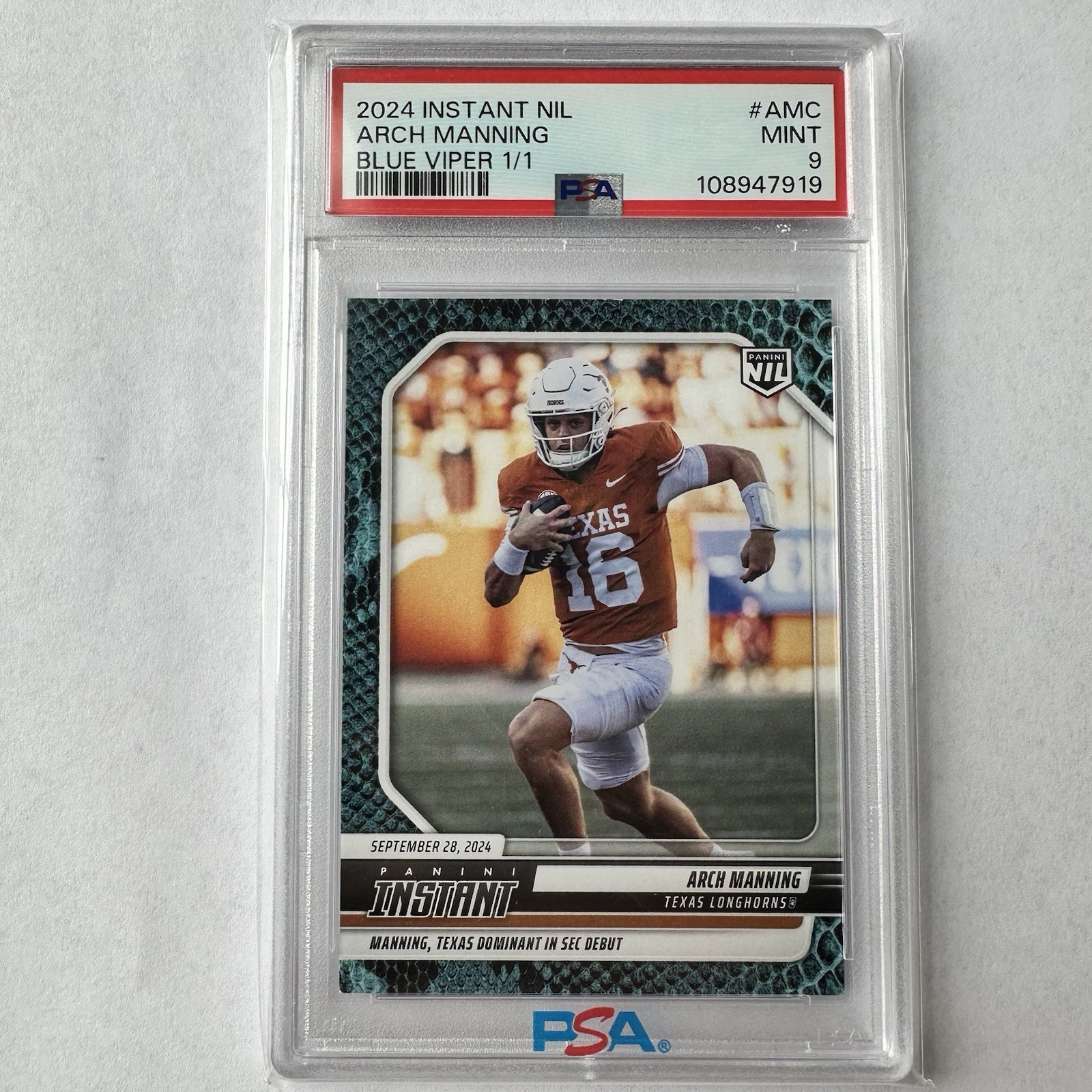 2024 Panini Instant Nil Arch Manning Blue Viper 1/1 #AMC One Of One PSA 9 Mint 2024 Panini Instant Nil Arch Manning Blue Viper 1/1 #AMC One Of One PSA 9 Mint