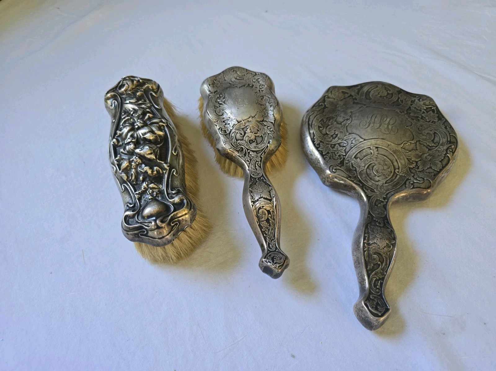 RARE ORNATE Antique STERLING SILVER 3 Piece Vanity Set - 2 Brushes + Mirror RARE ORNATE Antique STERLING SILVER 3 Piece Vanity Set - 2 Brushes + Mirror