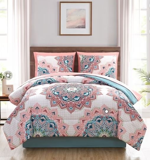 Mainstays King Comforter Set 8 Piece Pink Teal Medallion Bed in a Bag Sheets New