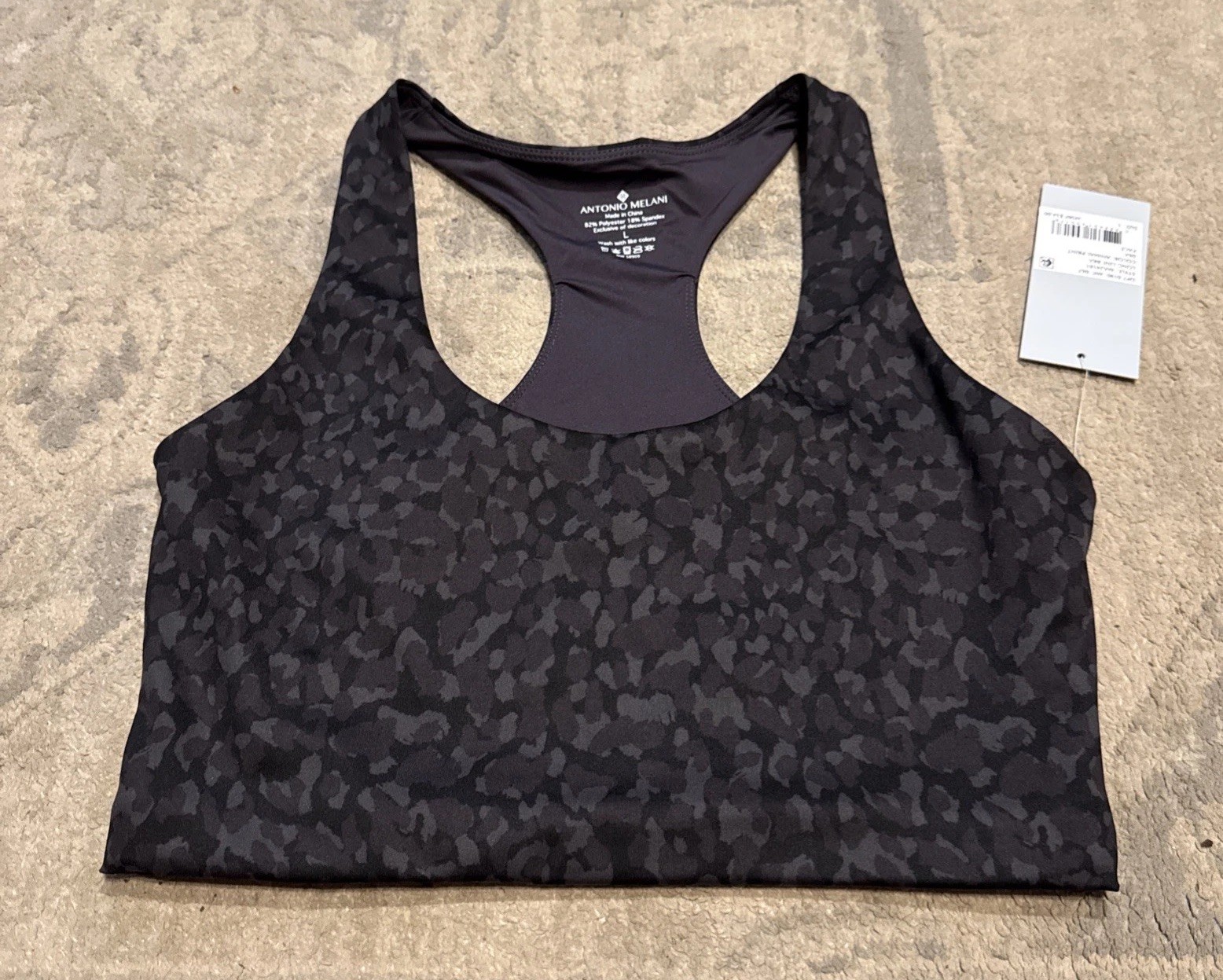 Antonio Melani Longline Sports Bra Sz Large Black Animal Print Unpadded New Antonio Melani Longline Sports Bra Sz Large Black Animal Print Unpadded New