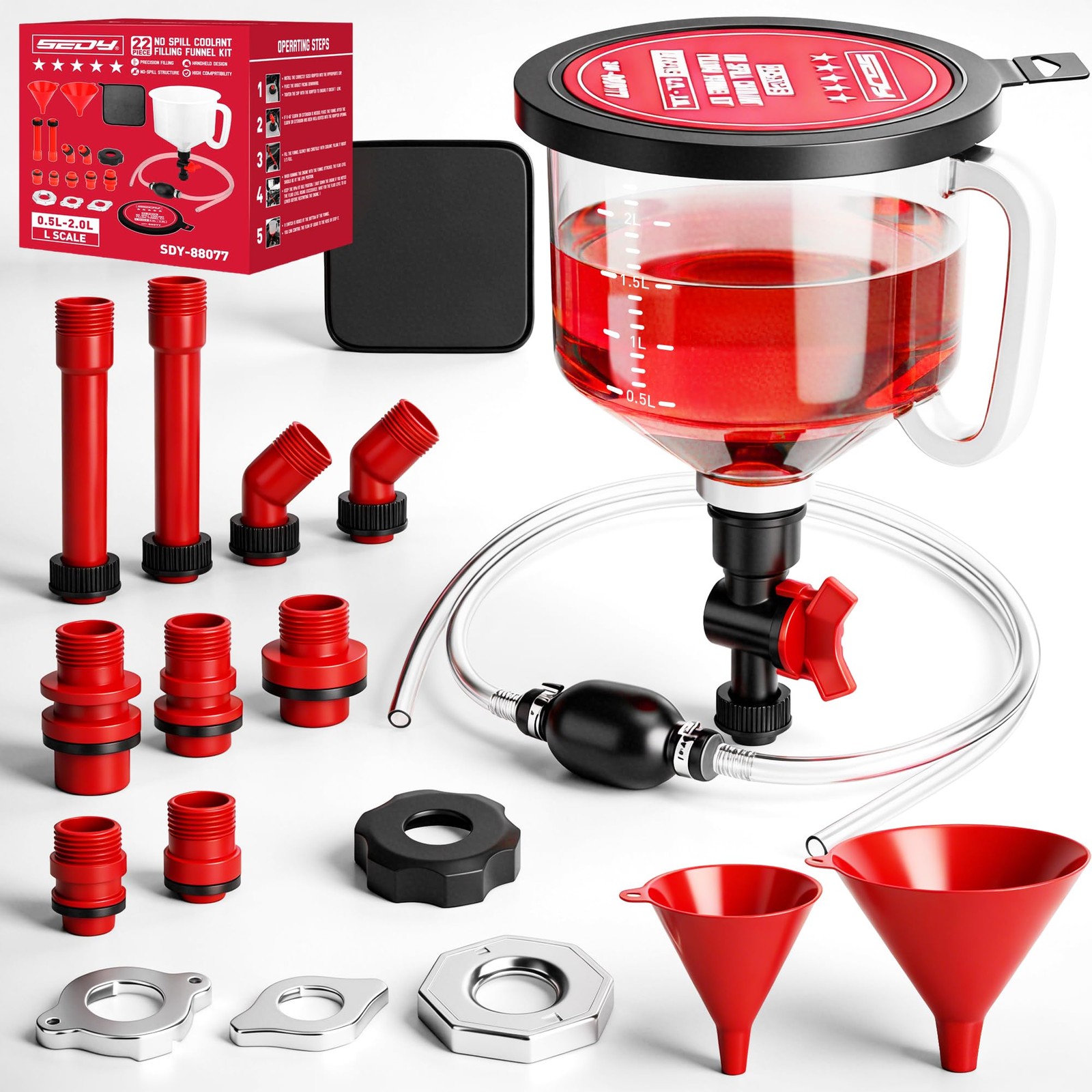 22-Piece No-Spill Coolant Filling 22 PCS - Pro Kit with Siphon Pump, Red 22-Piece No-Spill Coolant Filling 22 PCS - Pro Kit with Siphon Pump, Red