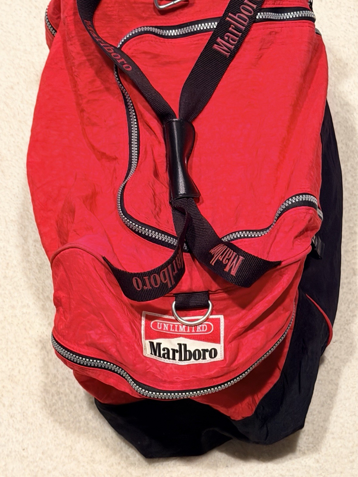 Vintage Marlboro Unlimited Large Red Blk Duffel Bag & Back Pk 90s Marlboro Miles