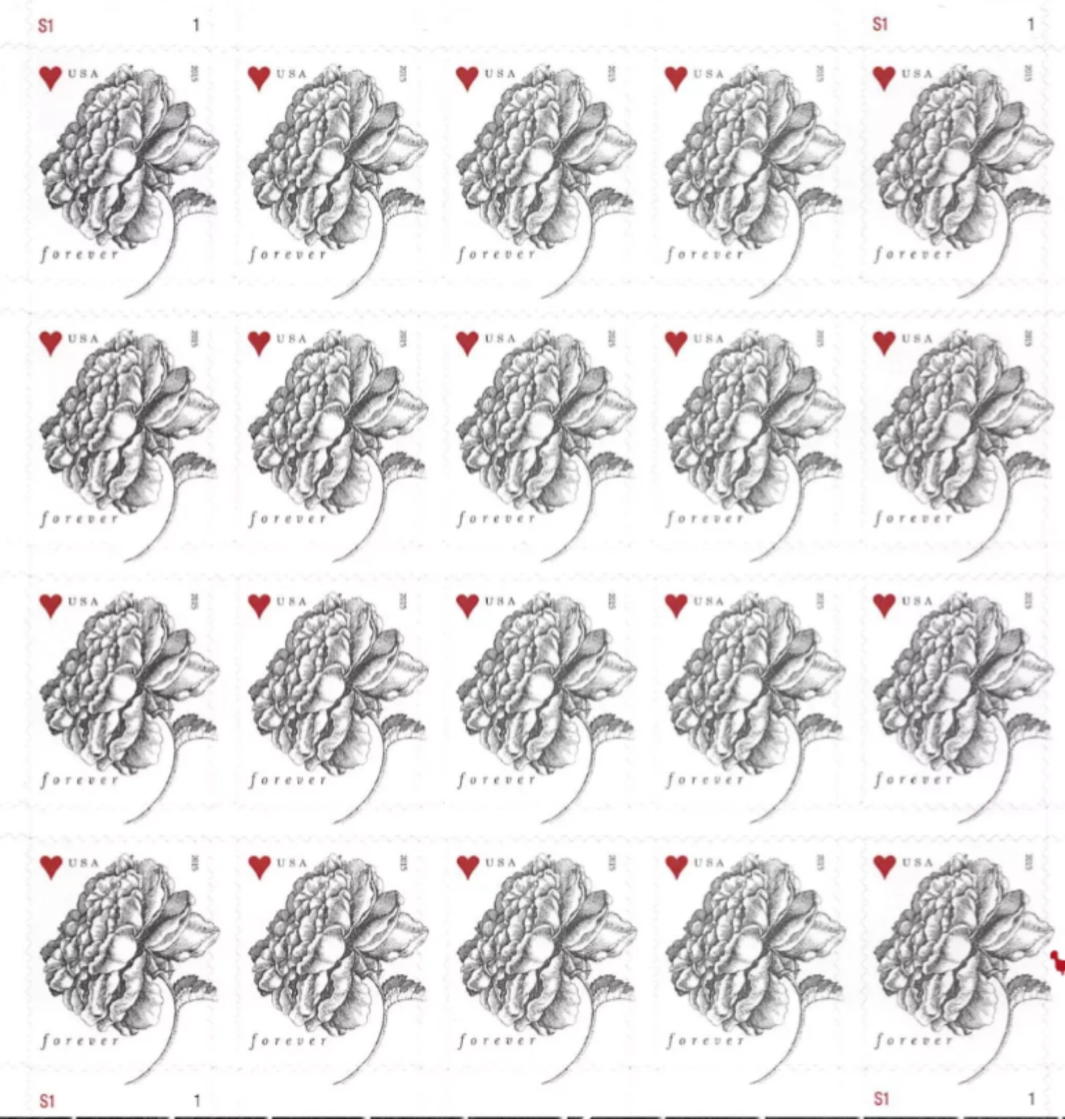 FOREVER Stamps Sheet Of 20 Wedding Vintage Rose FOREVER Stamps Sheet Of 20 Wedding Vintage Rose