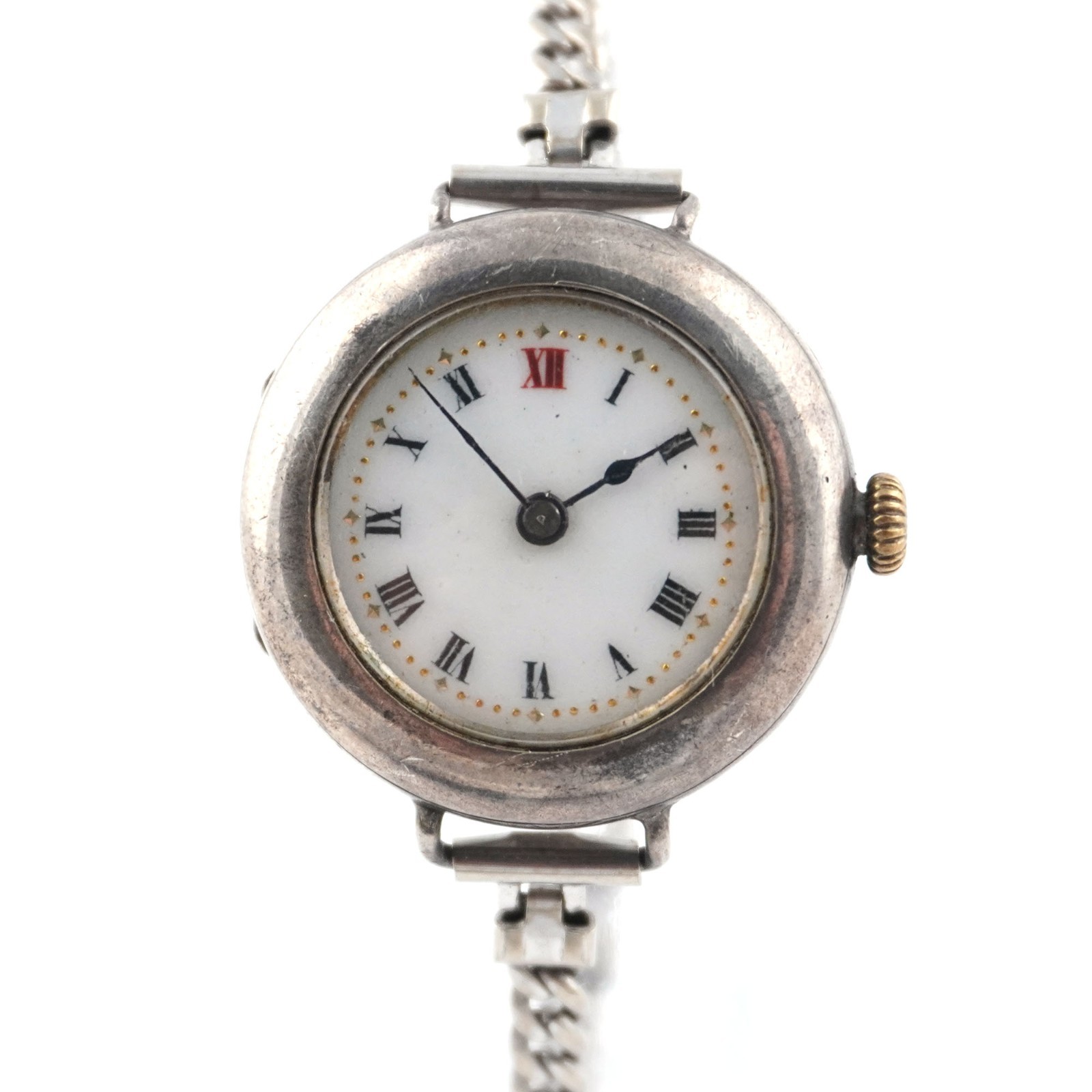 Antique 1910s RED 12 Swiss Ladies Watch Trench 935 Silver Case 12K GF Bracelet