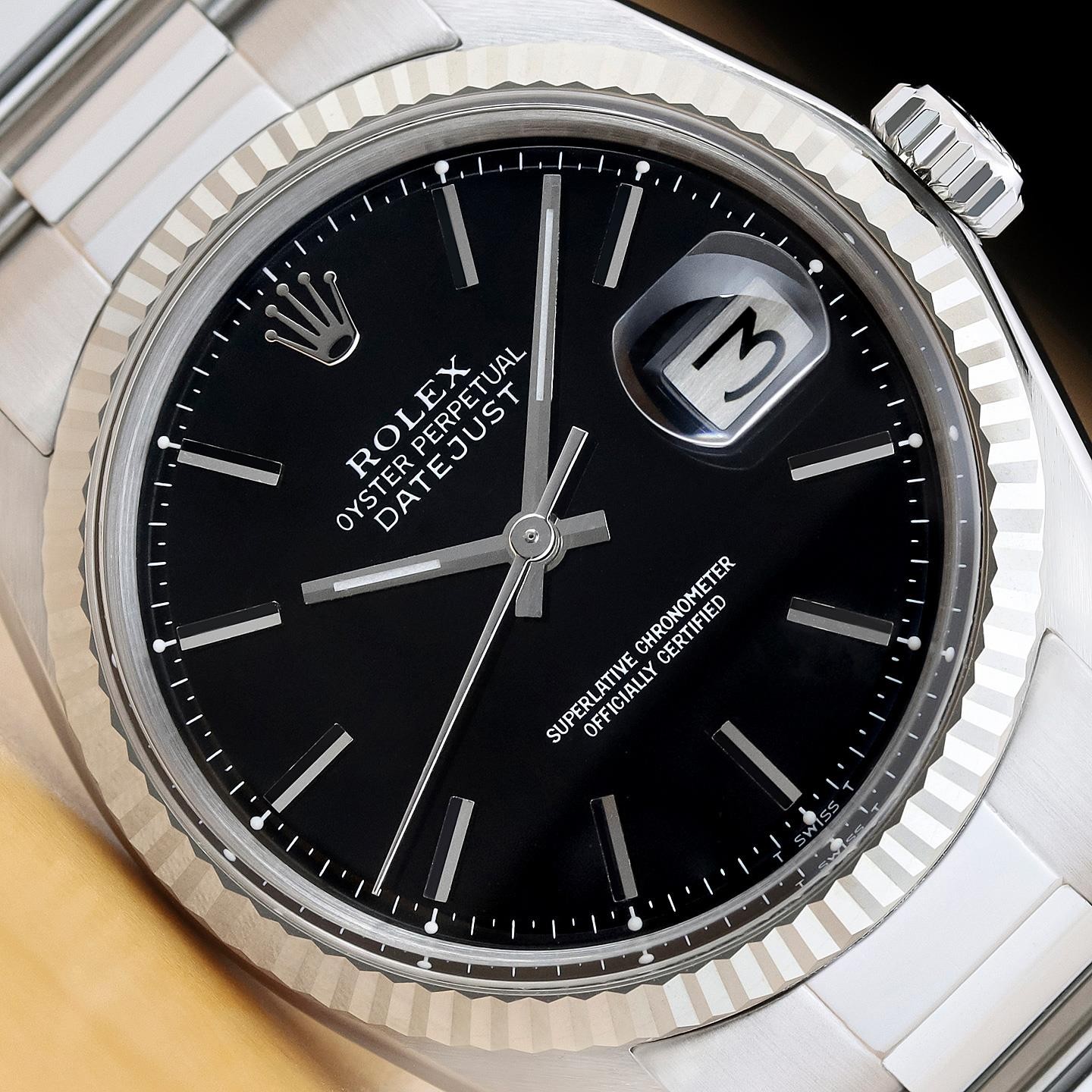 ROLEX DATEJUST 1601 BLACK DIAL 18K WHITE GOLD STAINLESS STEEL OYSTER WATCH