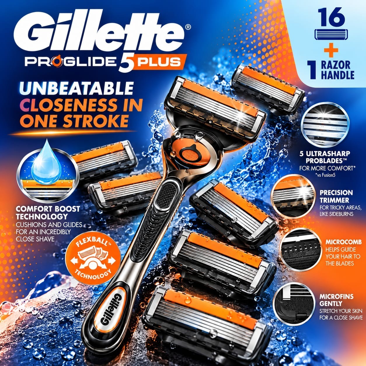 NEW Gillette ProGlide 5 Plus Razor 16 Cartridges + 1 Bonus Handle 5 Blade