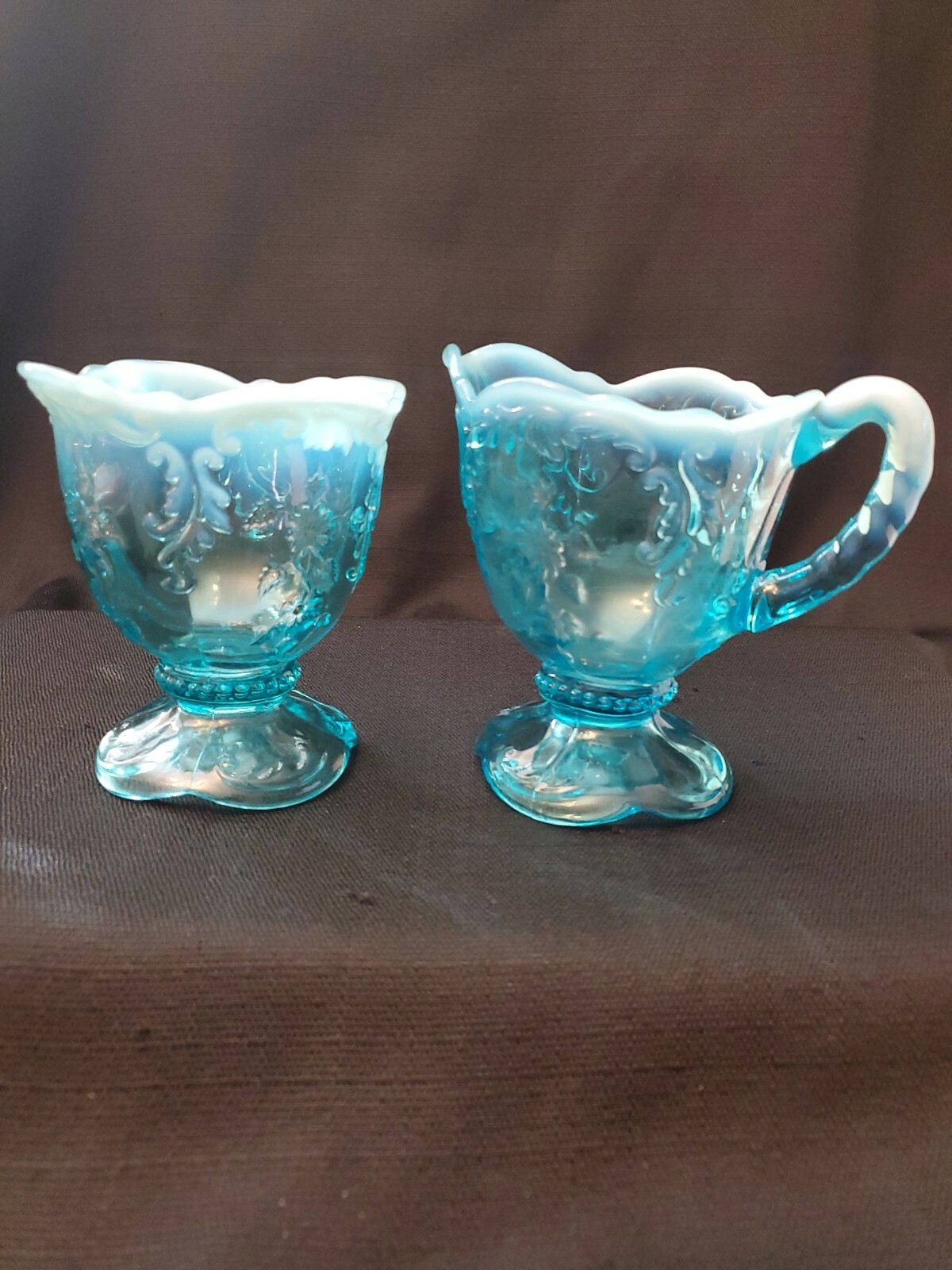 Northwood Leaf & Flower Intaglio Blue Opalescent Sugar Bowl & Creamer Set Northwood Leaf & Flower Intaglio Blue Opalescent Sugar Bowl & Creamer Set