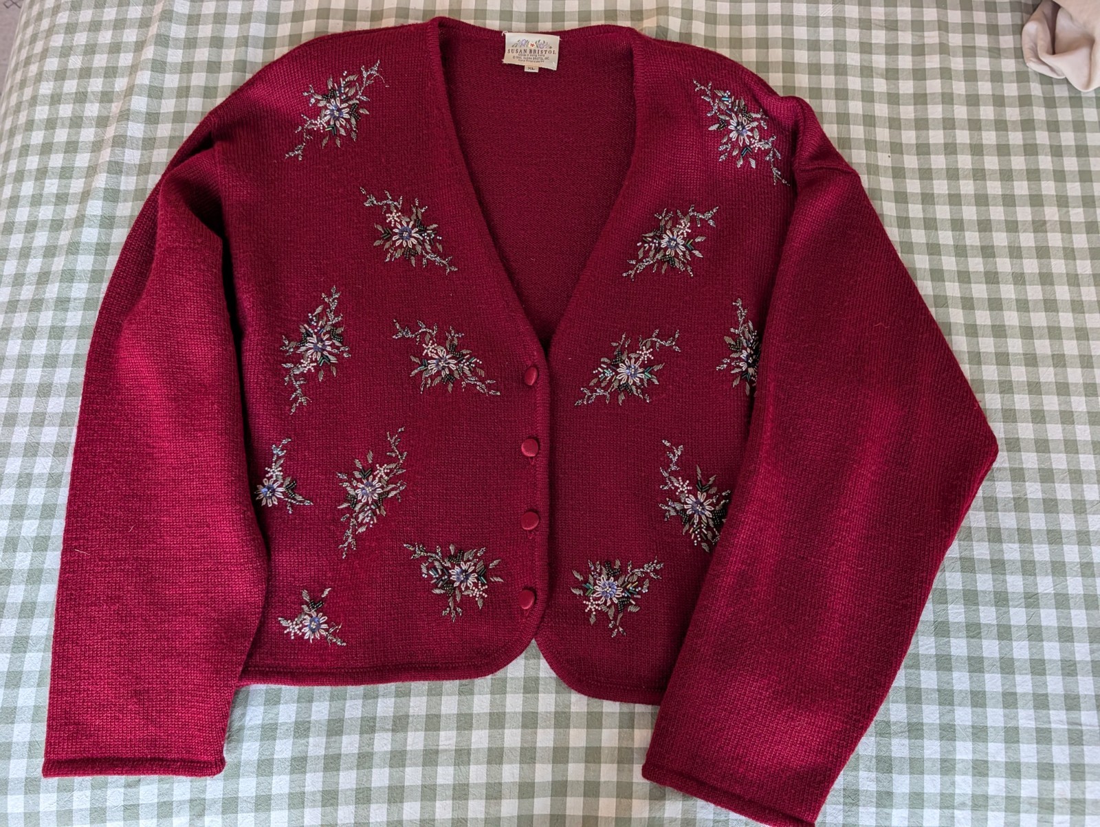 Vintage Susan Bristol Wool Hand Embroidered Cardigan Xl Red