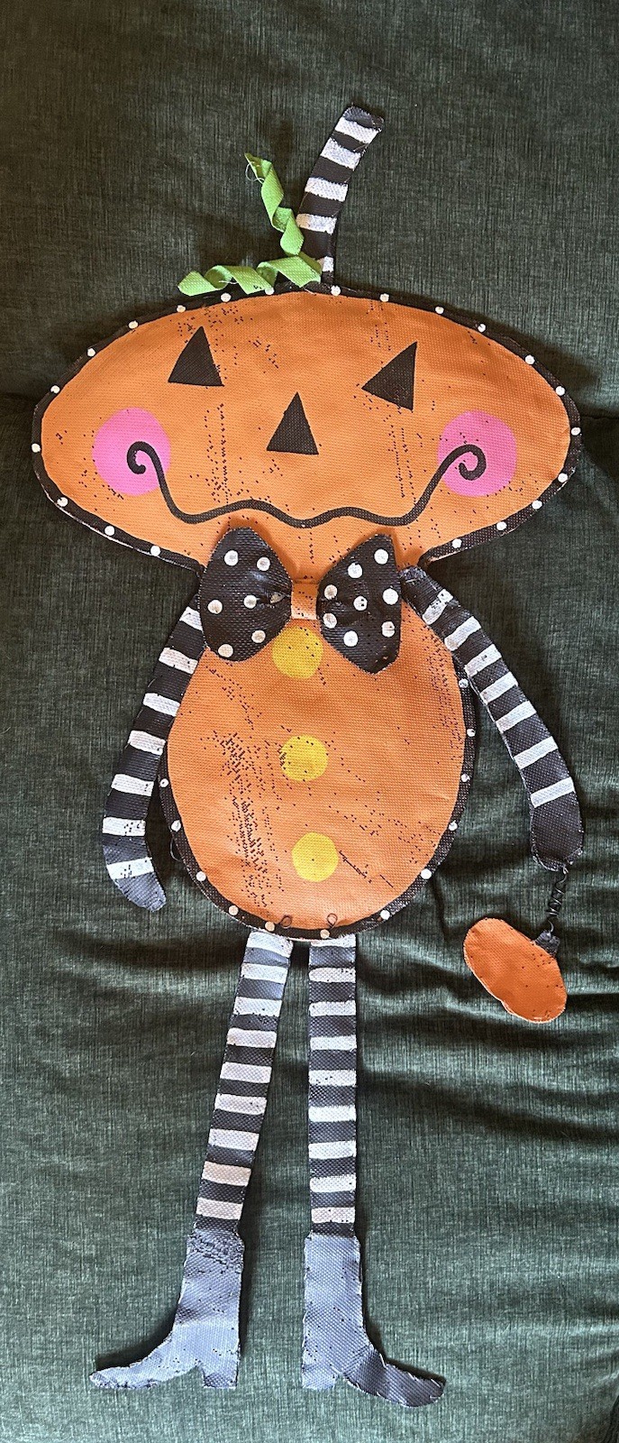 Vintage Halloween Hand Painted Wire Screen Pumpkin Wall Hanger Dangles Folk Art