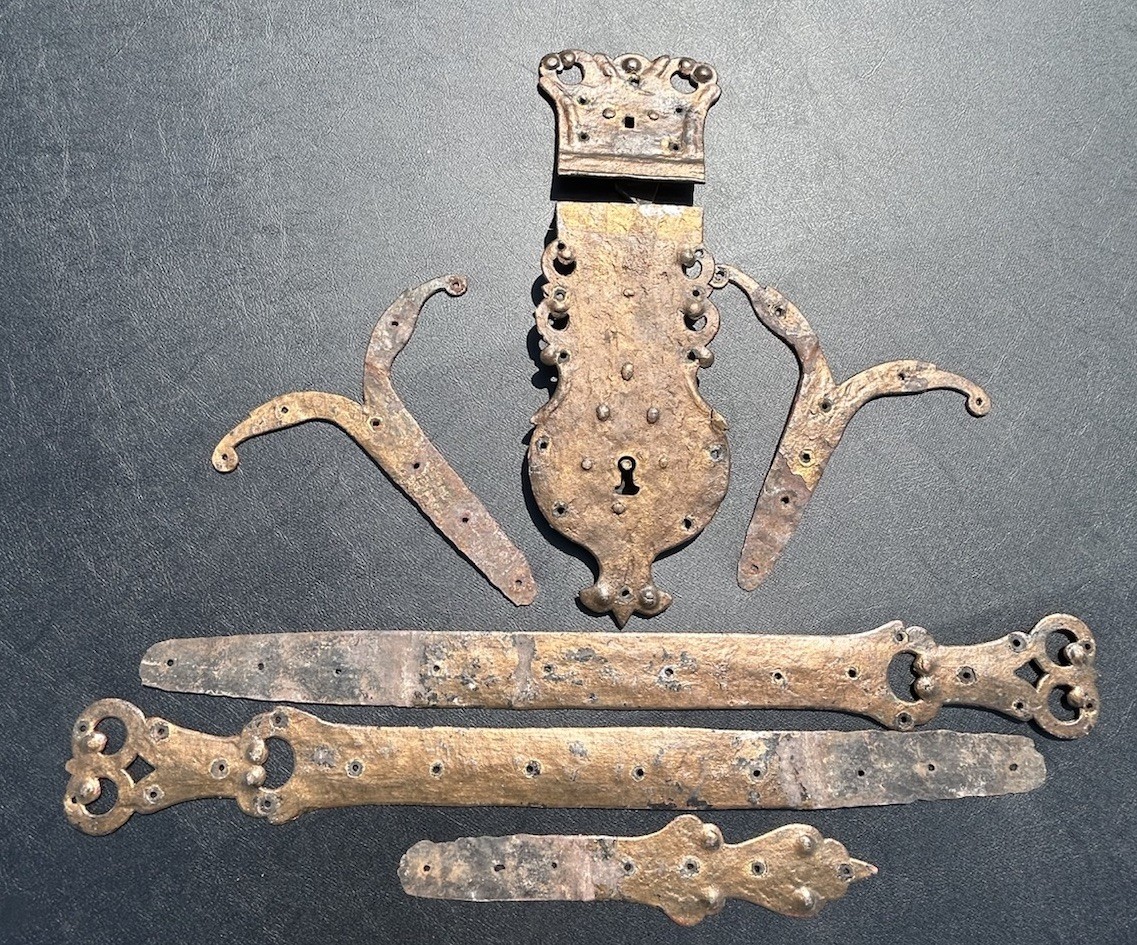 Antique 18th Century Hand Forged Wrought Iron Decorative Strap Hardware & Lock