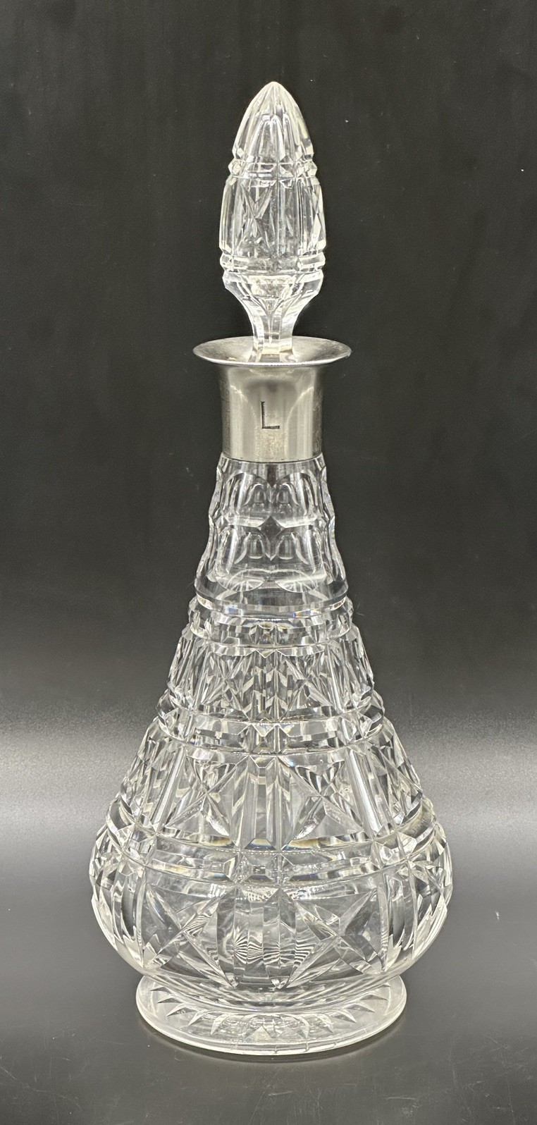 1943 Mappin & Webb Sterling Silver Crystal Decanter Matching Stopper L Monogram
