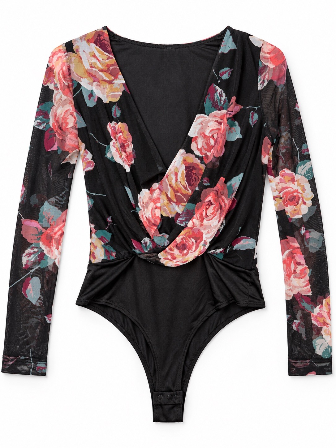 Windsor Women\'s Size Small Black Floral Mesh Long Sleeve Plunge Snap Bodysuit Windsor Women\'s Size Small Black Floral Mesh Long Sleeve Plunge Snap Bodysuit