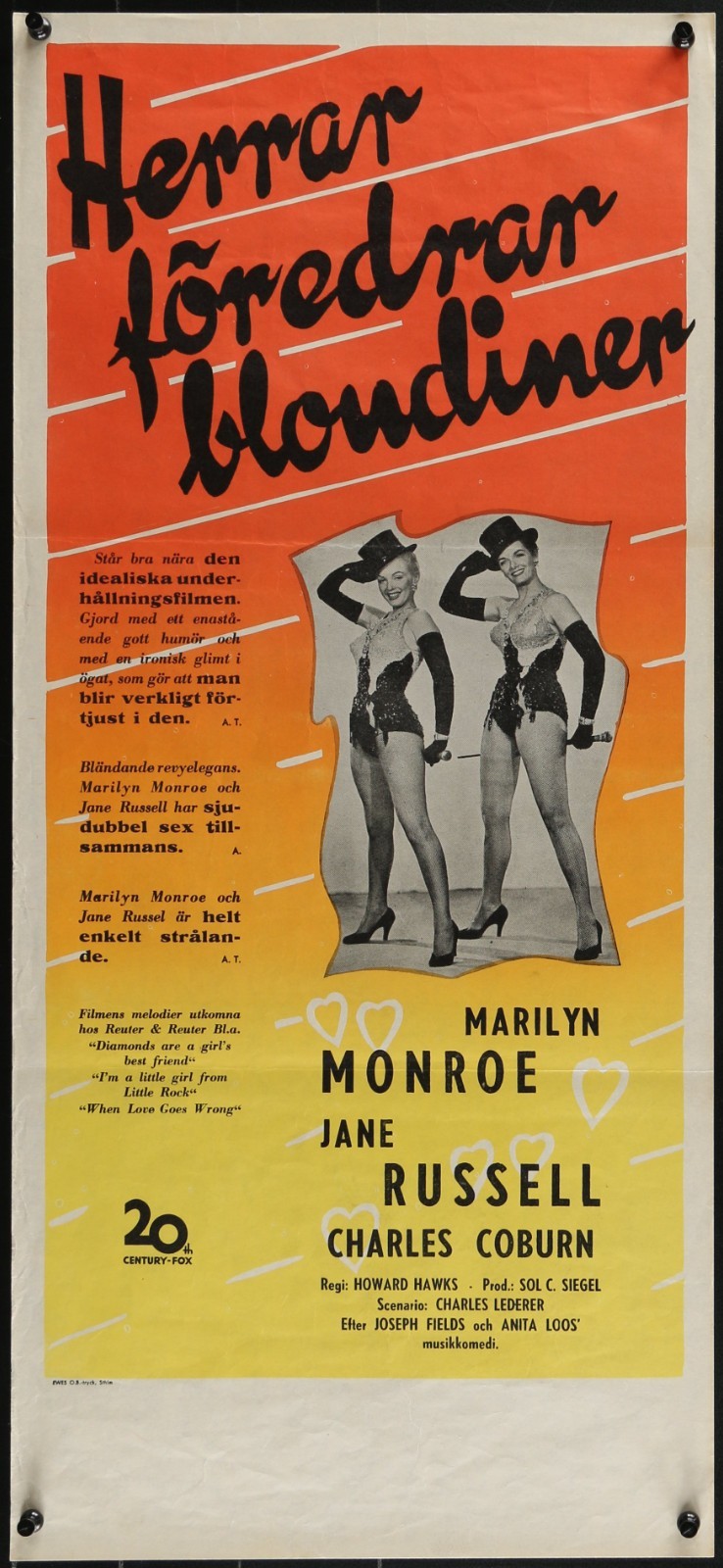 Gentlemen Prefer Blondes 1953 Original Movie Poster Marilyn Monroe Swedish Stolp