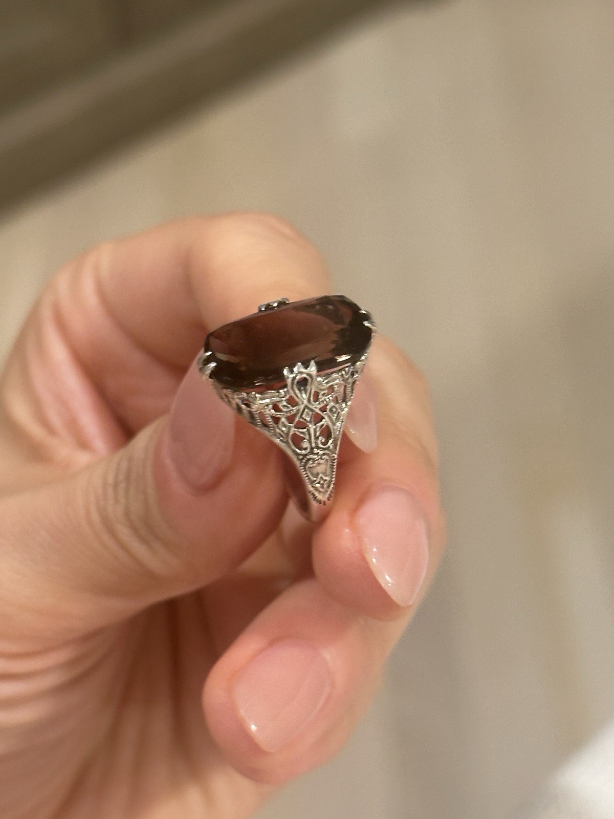 Vintage Victorian statement ring 925 Sterling Silver Ring Size 7 smoky Quartz