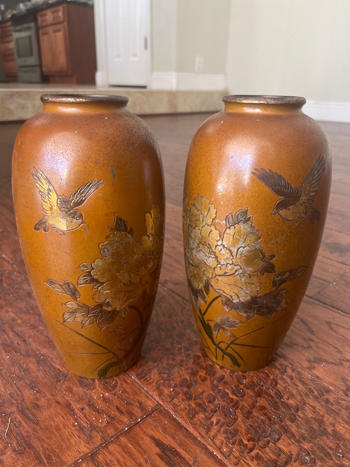 Vintage Japanese Patinated Metal Vase Set With Bird and Landscape Motifs Vintage Japanese Patinated Metal Vase Set With Bird and Landscape Motifs