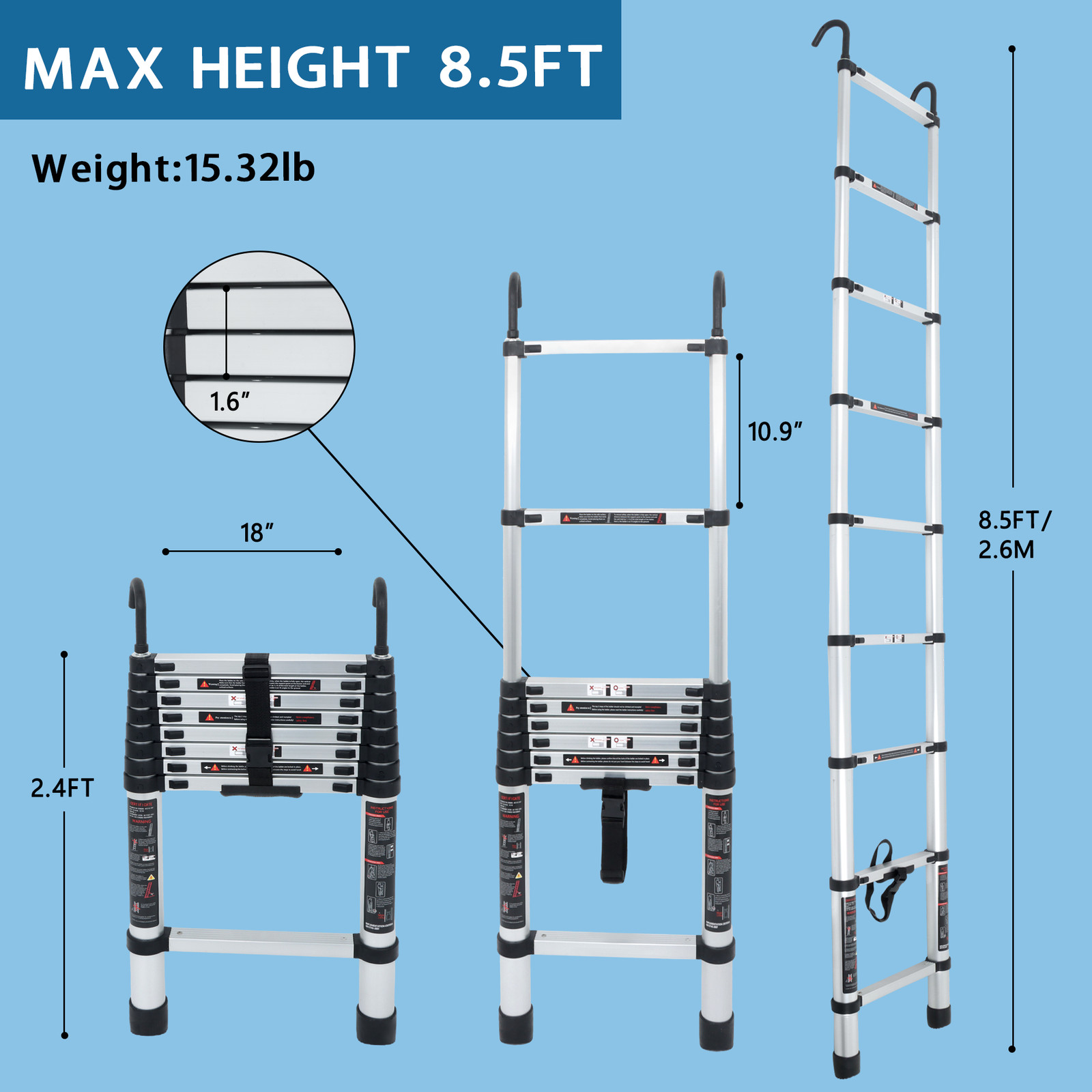8.5/10.5/12.5/14.5 FT Telescopic Extension Ladder Aluminum Folding Step Non-Slip