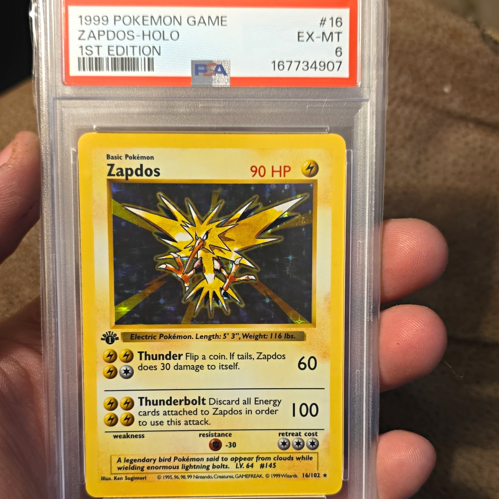 Wizards 1999 Pokémon Game 1st Edition Holo Zapdos 16/102 PSA 6 Cert 167734907 Wizards 1999 Pokémon Game 1st Edition Holo Zapdos 16/102 PSA 6 Cert 167734907