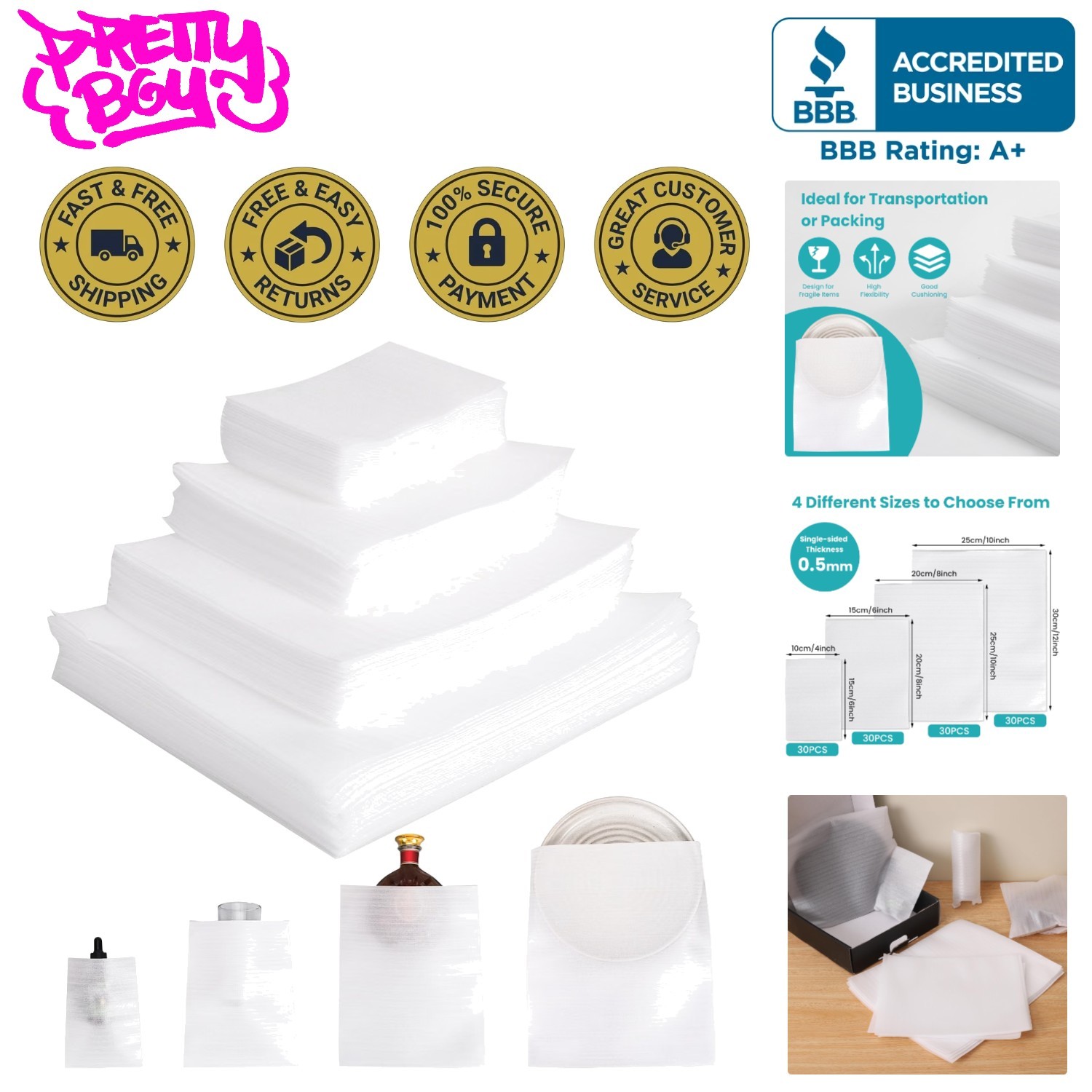 120Pack Cushion Foam Pouches,Foam Wrap Pouches,4 Sizes Foam Packing Pouches f
