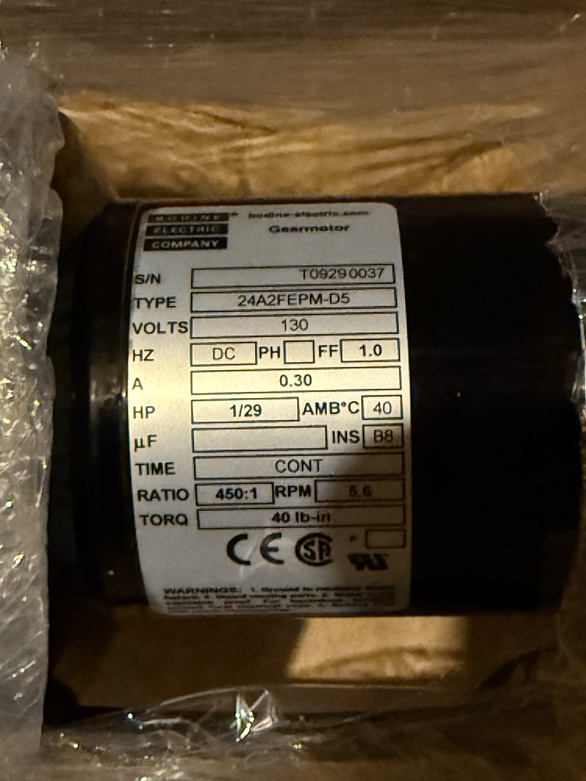 Bodine 24A2FEPM-D5 130 DC .3 amps 1/29 HP NEW IN BOX Bodine 24A2FEPM-D5 130 DC .3 amps 1/29 HP NEW IN BOX