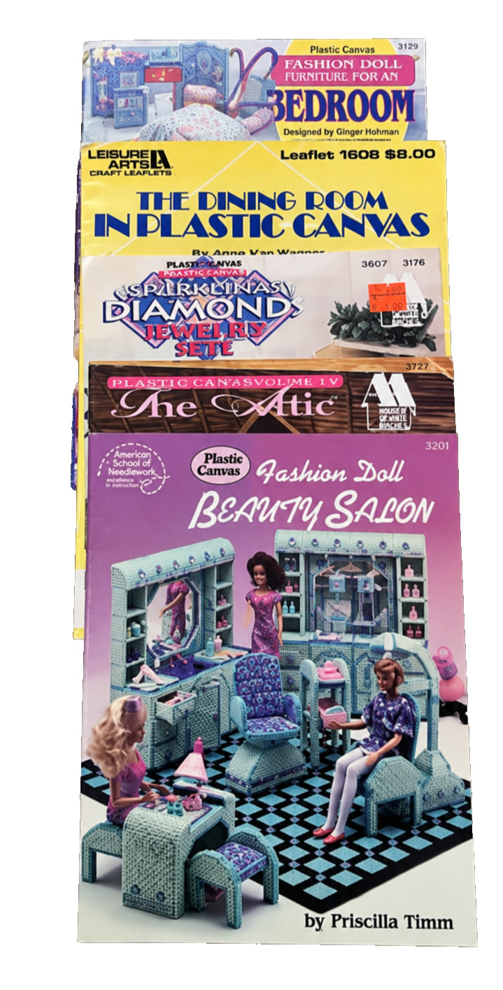 Lot Of 5 Vintage Plastic Canvas Barbie Bedroom Attic Beauty Salon Pattern Books