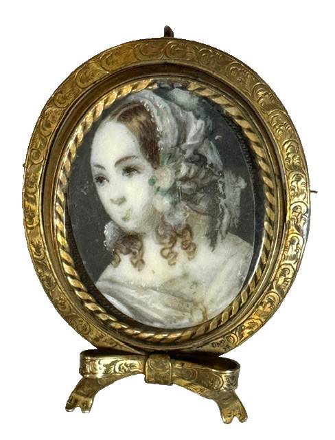 Charming Antique Georgian Hand-Painted Portrait Miniature Swivel Pendant Brooch