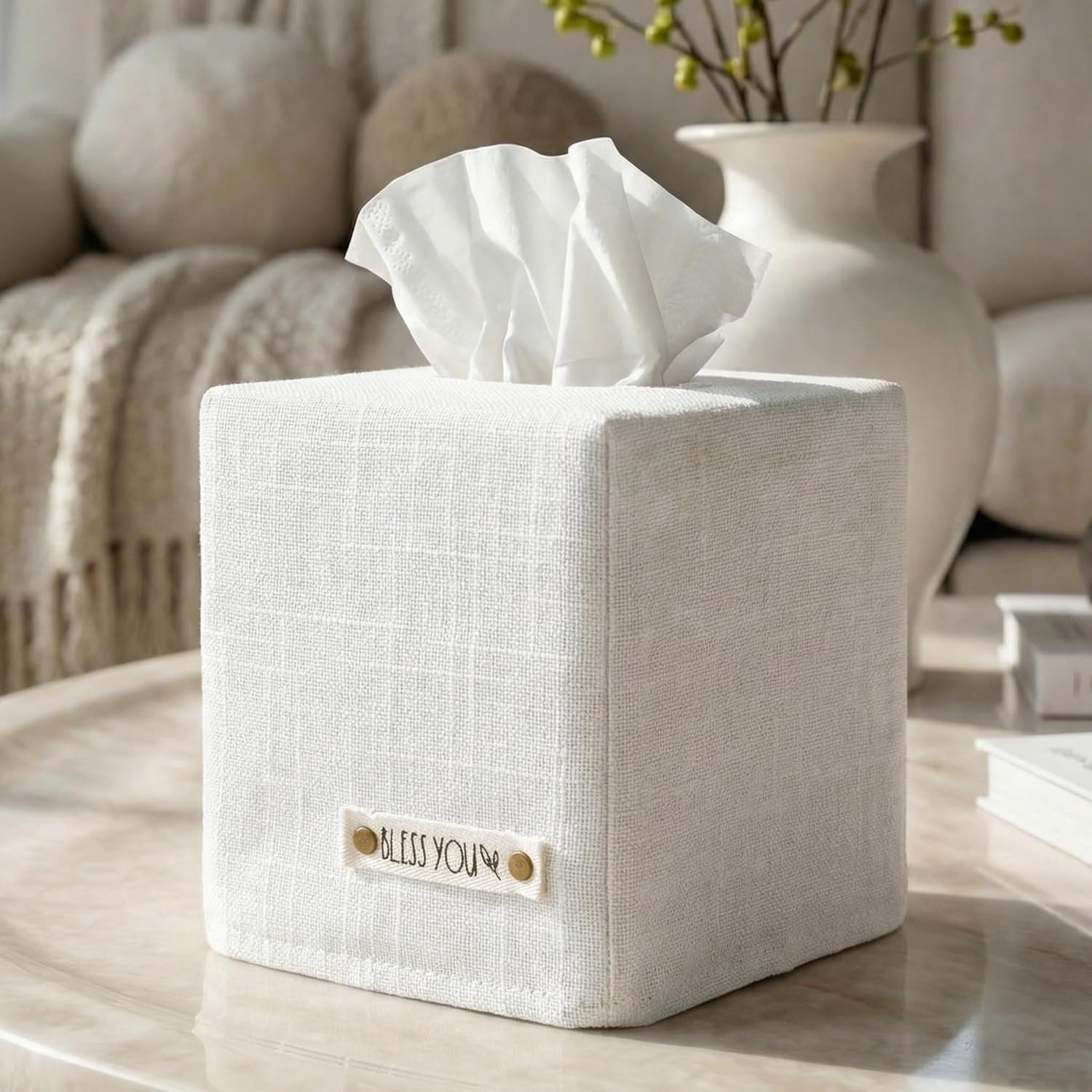 Stylish Tissue Box Cover - White Linen Holder for Square Tissue Boxes