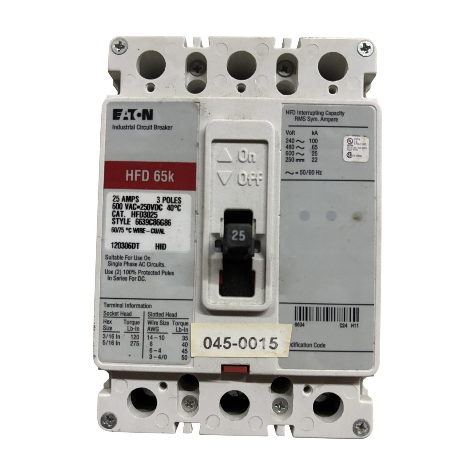 Eaton HFD3025 25A 3-Pole 600V 65K Industrial Circuit Breaker HFD 65K
