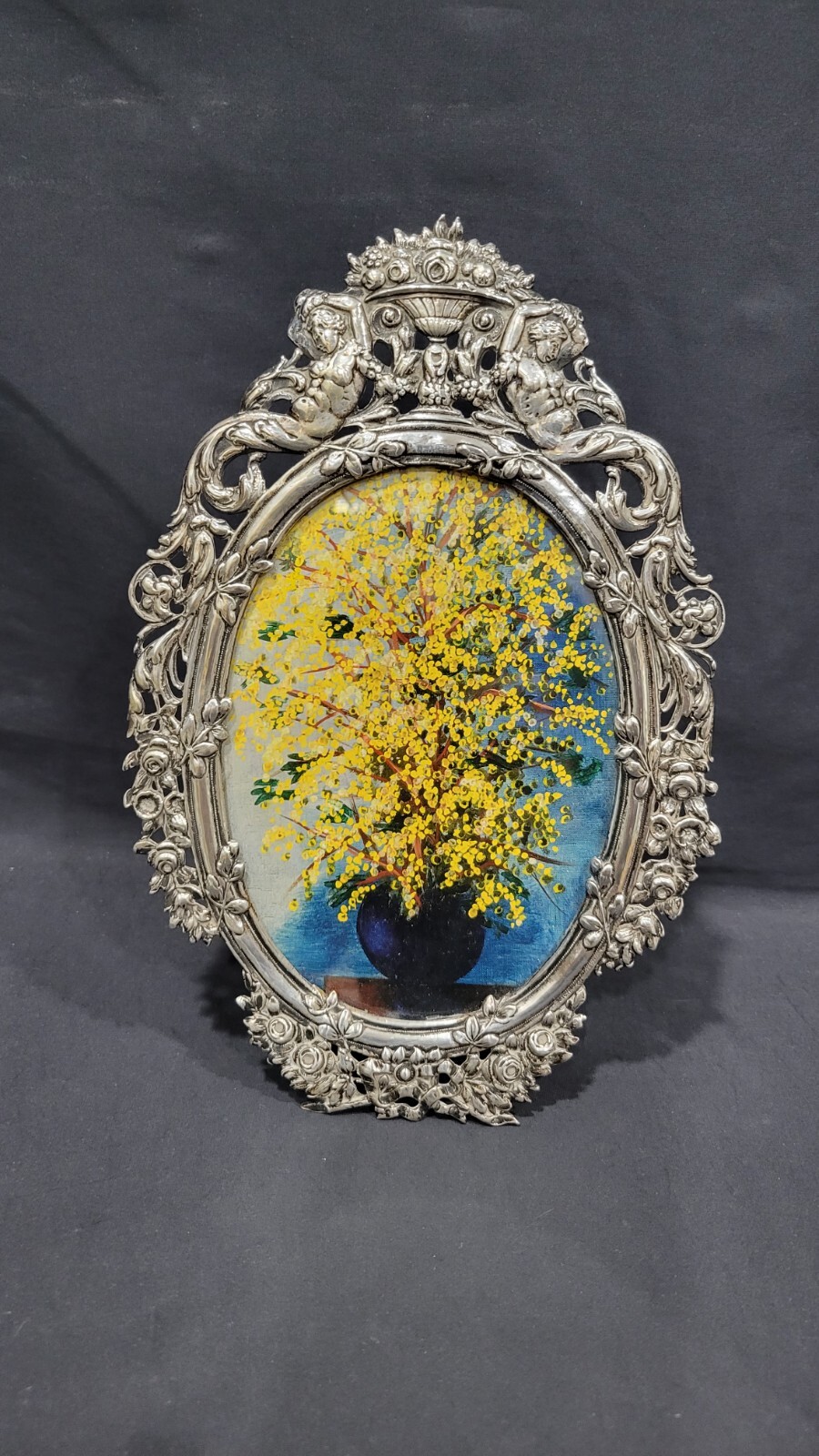 Rare Antique Sterling Silver Ornate Picture Frame Two Men with Flowers Rare Antique Sterling Silver Ornate Picture Frame Two Men with Flowers