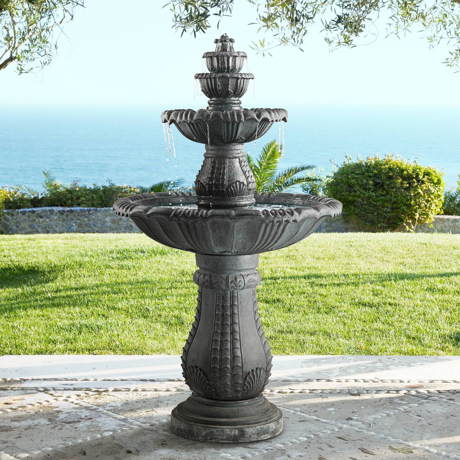 Hampton Rustic 4 Tier Outdoor Floor Water Fountain with LED Light 56 3/4\