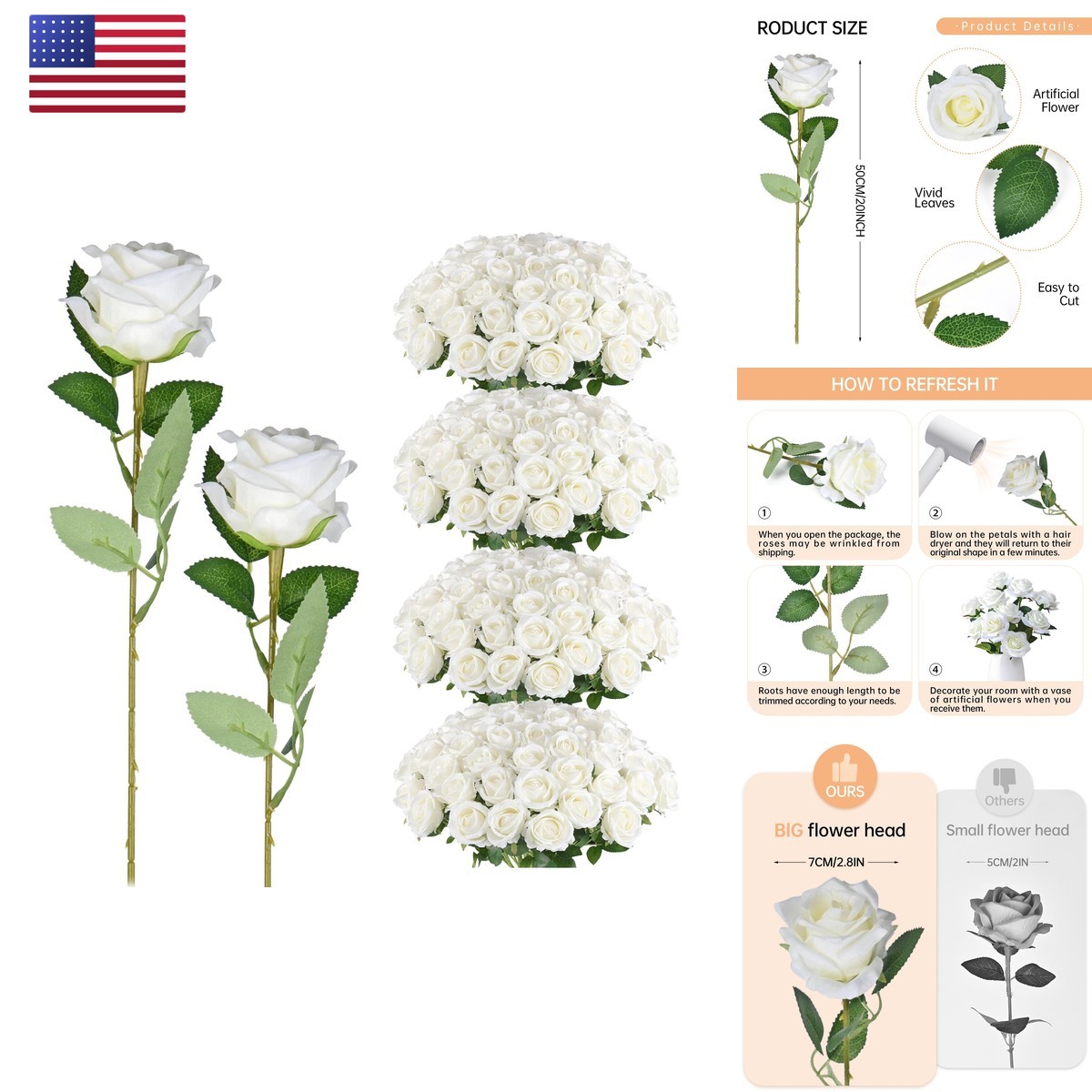 Umisu 200 Milky White Fake Silk Roses 3.7in Velvet Heads 50cm Stems Umisu 200 Milky White Fake Silk Roses 3.7in Velvet Heads 50cm Stems