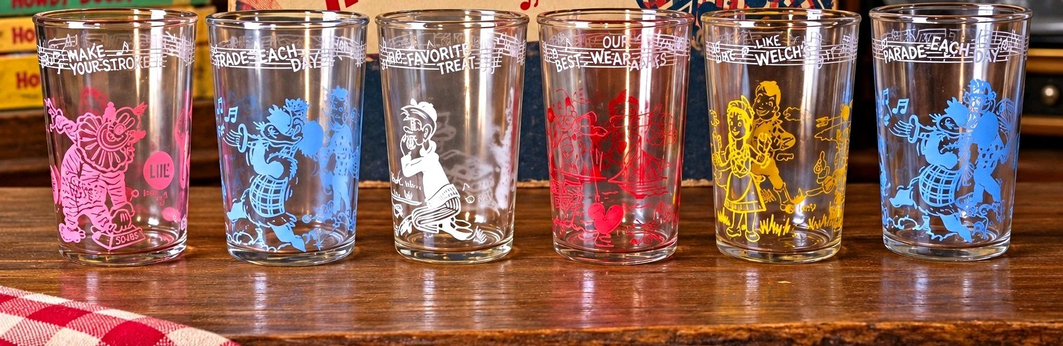 Welch's 1953 Howdy Doody Jelly Jar Glass Set of 6, Clear Pink Blue Red