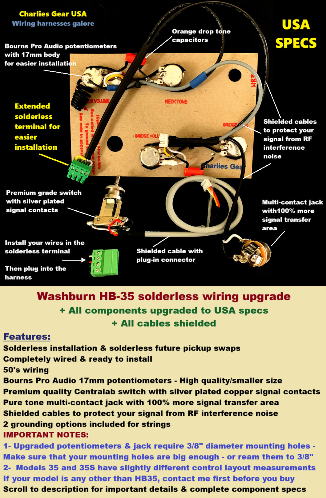 Washburn HB35 Solderless Wiring Upgrade + All Wires Shielded + USA Specs