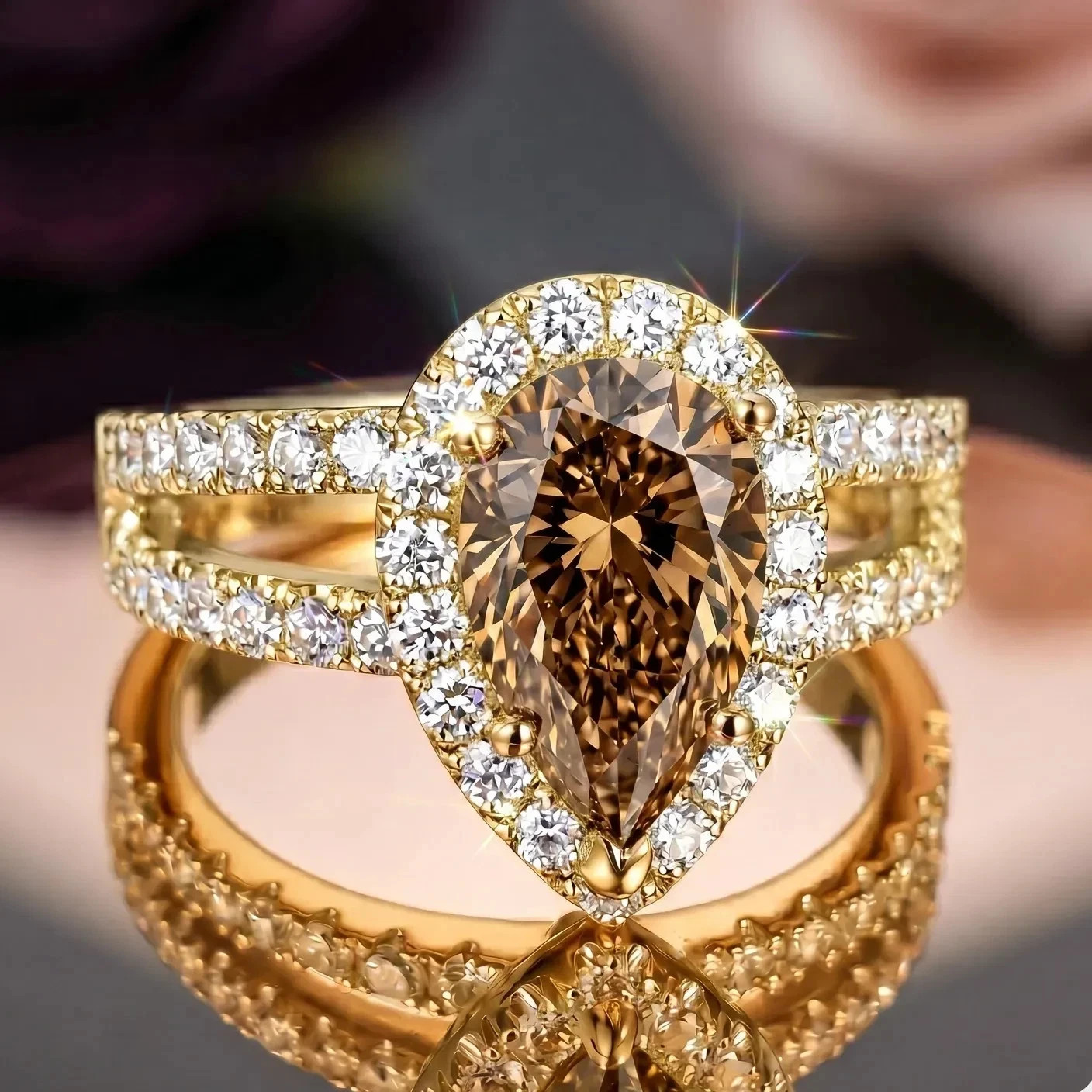 4.60 Ct Certified Pear Cut Brown Natural Diamond Ring VVS1 Yellow Gold FinishMet
