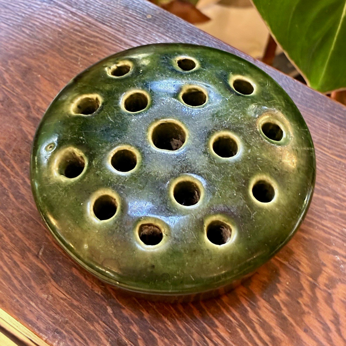Vintage Green Glazed Pottery 16-Hole Flower Frog, Floral Arranging Insert Vintage Green Glazed Pottery 16-Hole Flower Frog, Floral Arranging Insert