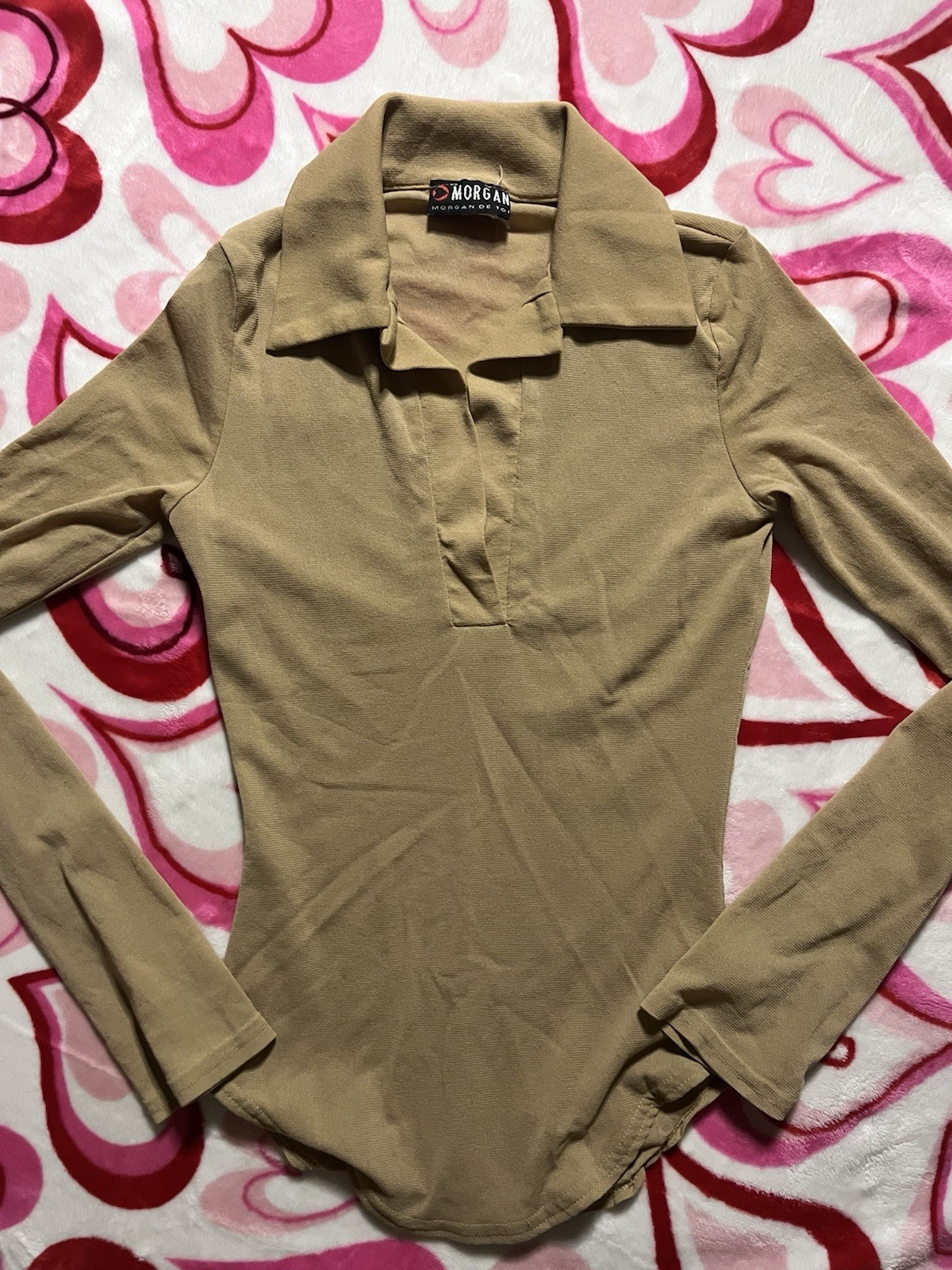 Vintage Morgan de Toi Y2K Tan Deep V Neck Long Sleeve Top Size 1 Made USA