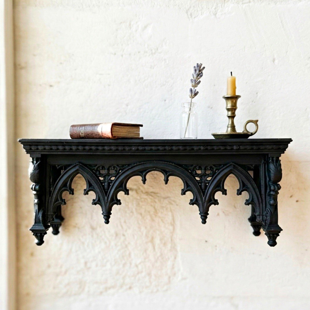 Black Gothic Wall Shelf Ledge, Wall Mounted Rectangle, 1 Shelf Open Face Black Gothic Wall Shelf Ledge, Wall Mounted Rectangle, 1 Shelf Open Face